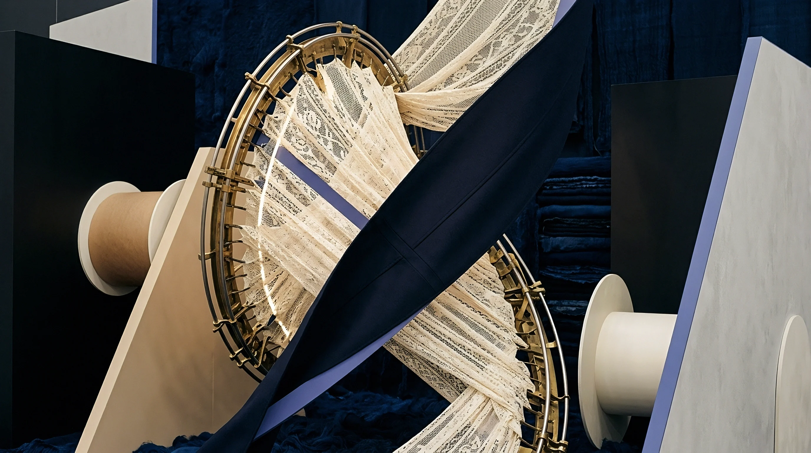 White lace textiles are woven through an industrial brass drum structure framed by spool components in a studio environment for display.