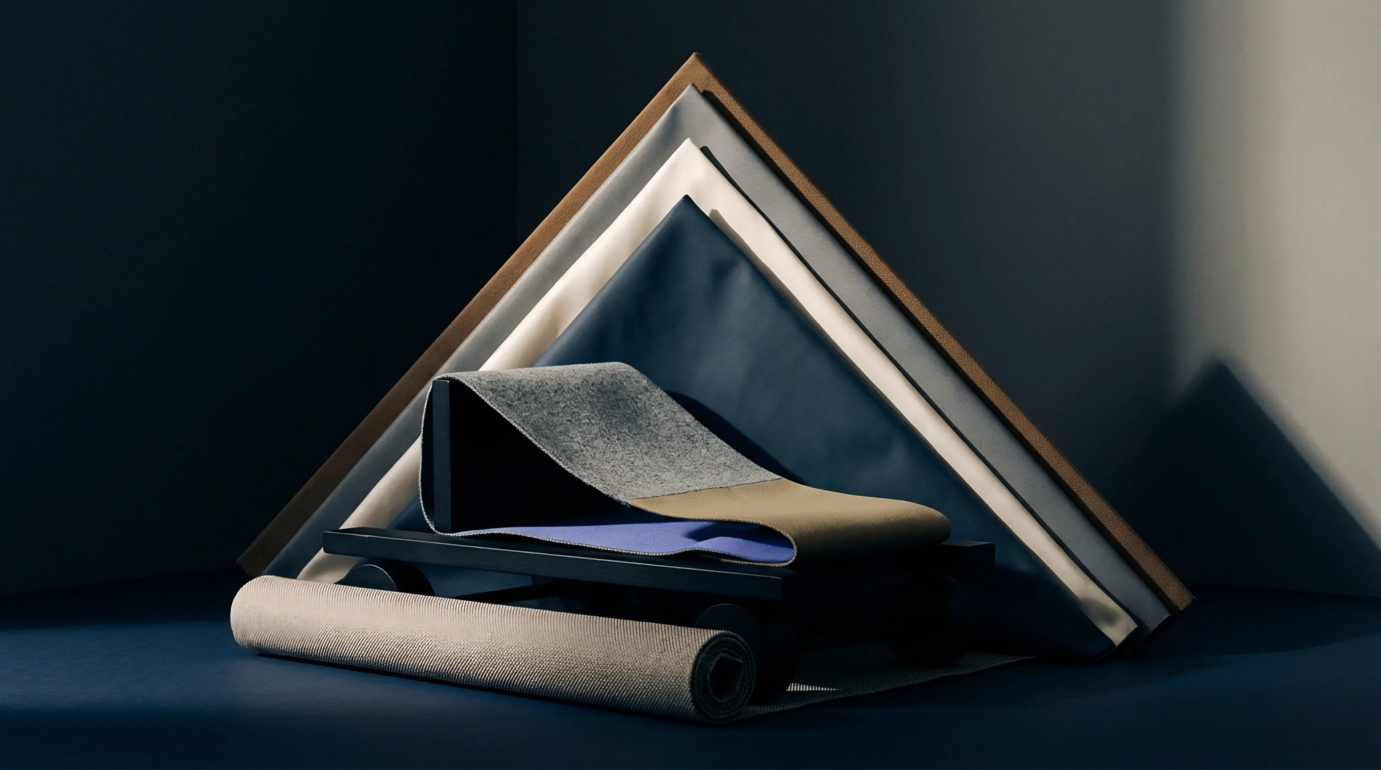 Diverse woven and nonwoven textile swatches stack vertically inside a triangular wooden frame alongside a folded sample on a mobile cart.