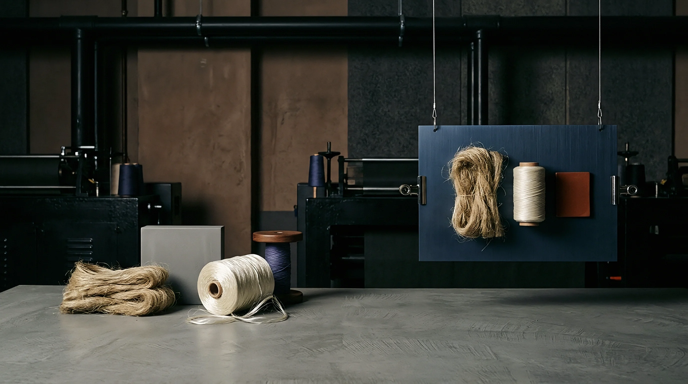 Raw flax fiber bundles and spools of spun linen thread sit on a stone table near a suspended material board in an industrial mill.