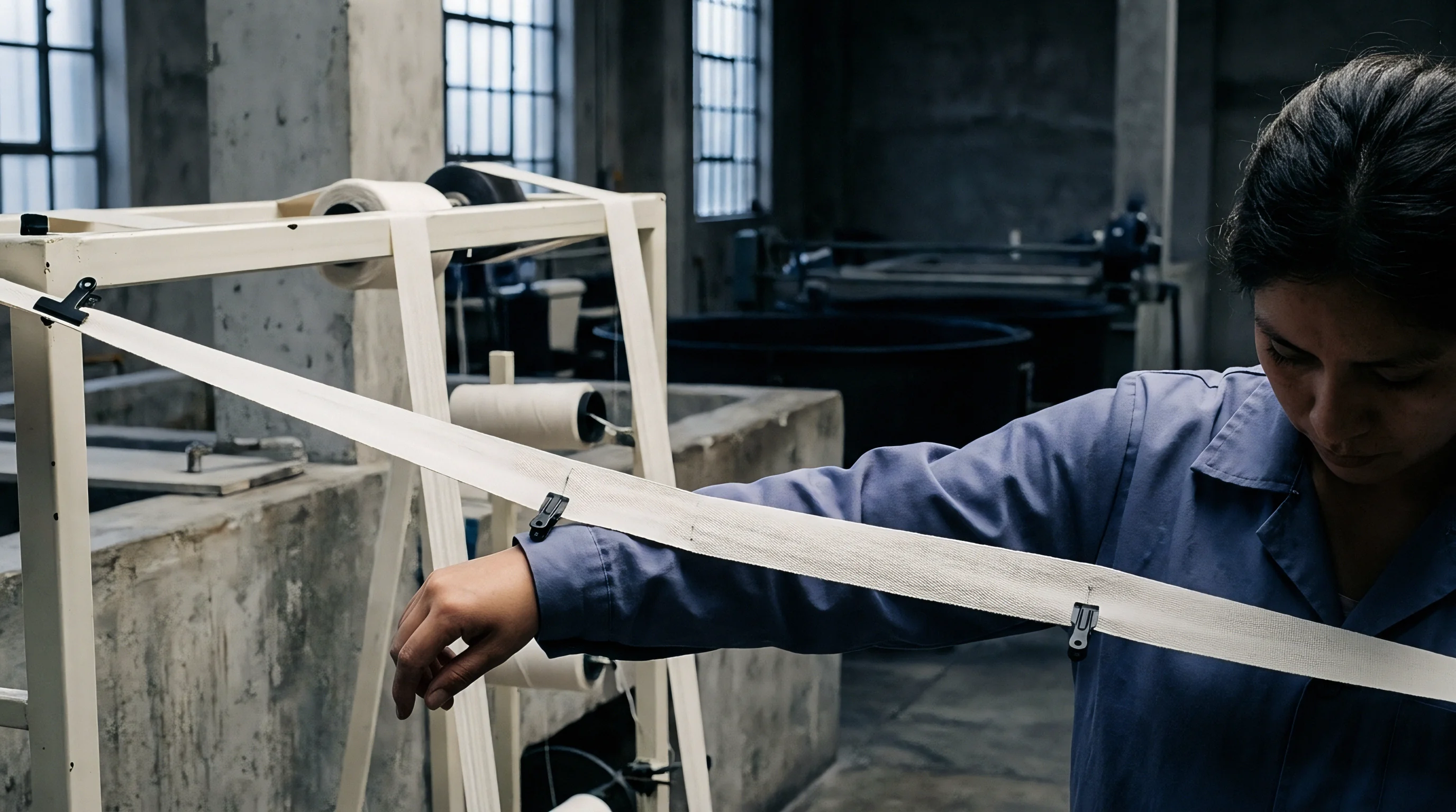 A production worker in blue overalls handles long cream narrow fabric extending from a metal creel inside a textile finishing factory.