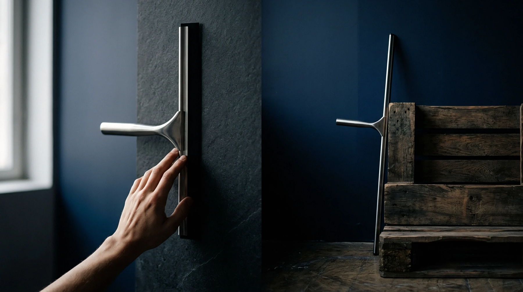 A hand reaches toward a metal screen printing blade mounted on slate beside a second squeegee resting on rustic wood.