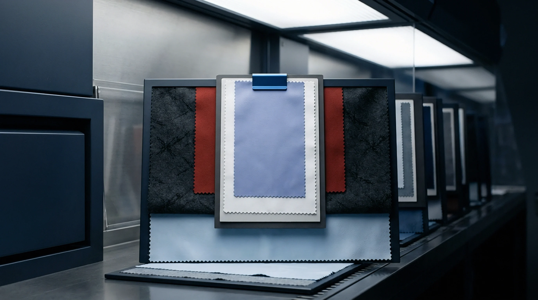 Multiple fabric swatches with varied textures and colors are presented on display stands within a structured materials laboratory environment.