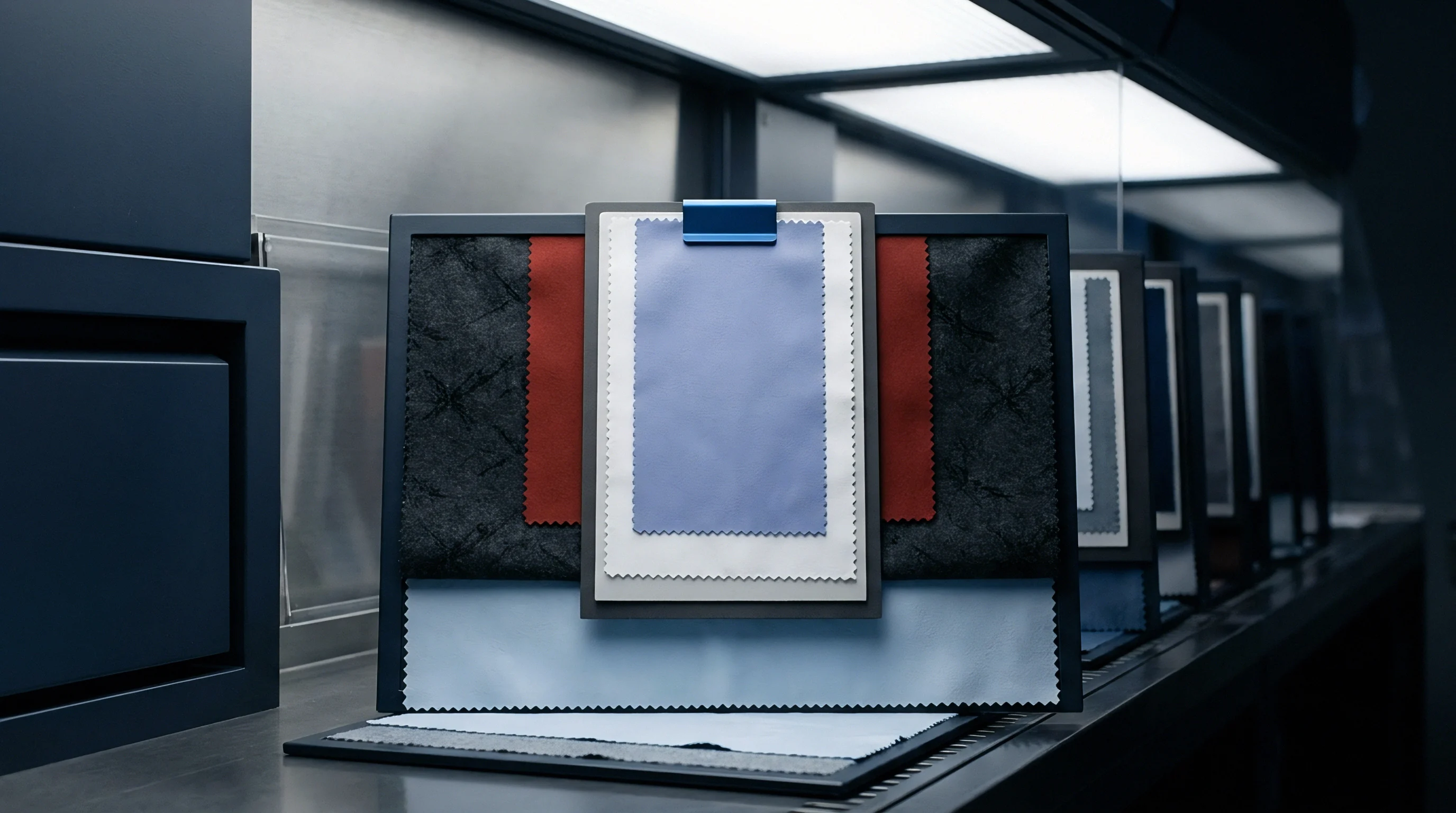 Multiple fabric swatches with varied textures and colors are presented on display stands within a structured materials laboratory environment.