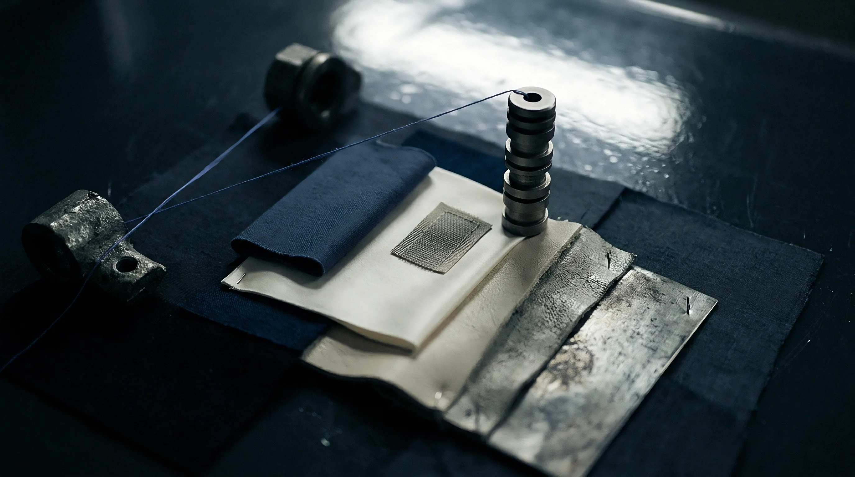 Layered textile swatches in navy blue and cream rest beneath metallic weights on a dark workbench with integrated blue thread connections.