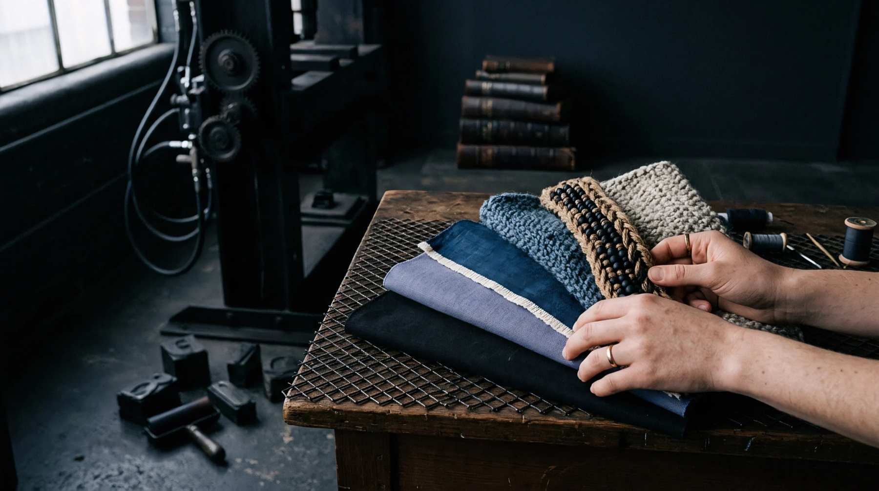 Hands arranging layered fabric swatches and knitted components on an industrial workbench in a textile workshop.