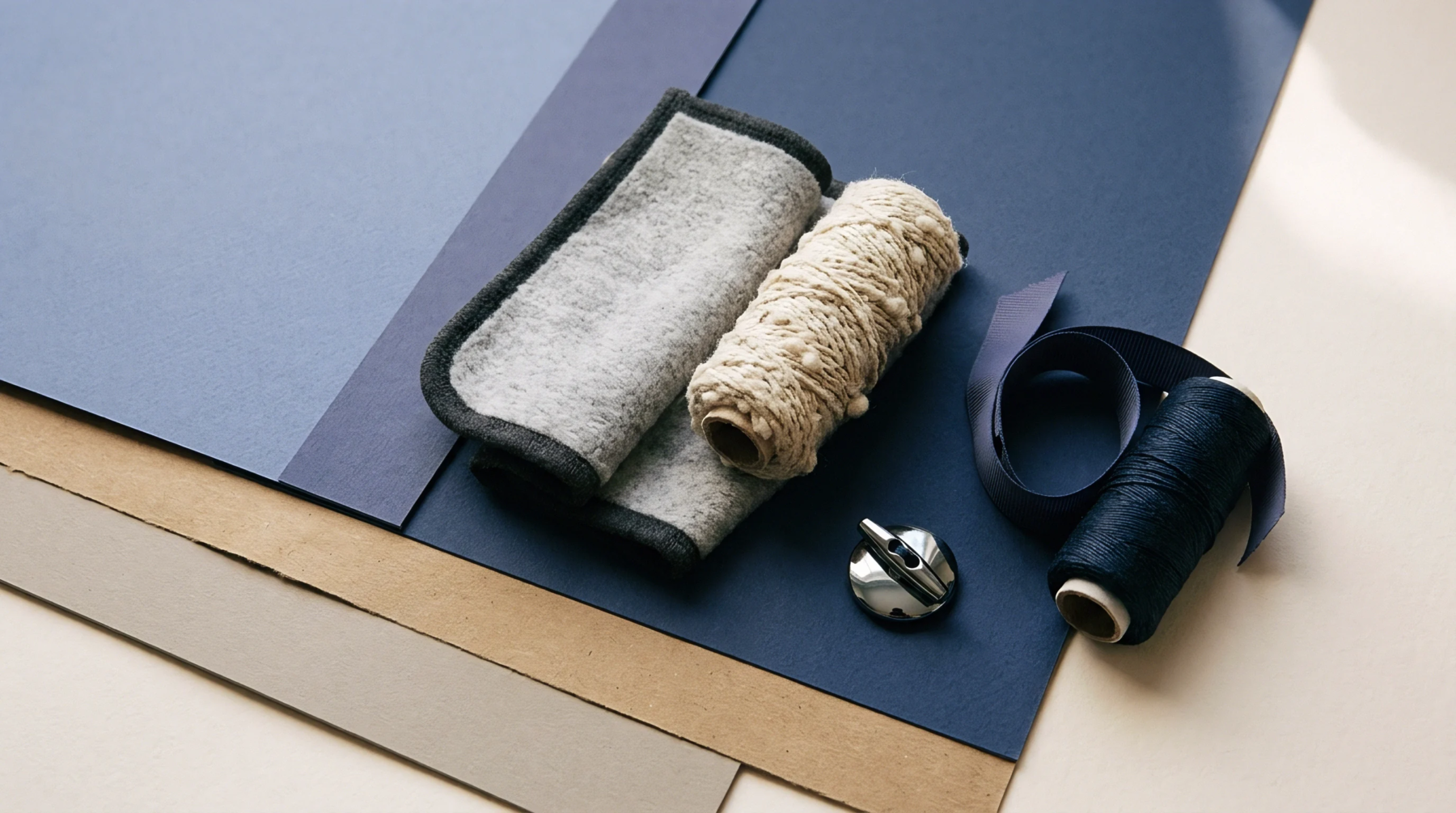 Woven fabric swatches alongside textured novelty yarn a dark thread spool and metallic hardware rest upon layered blue and neutral paperboards.