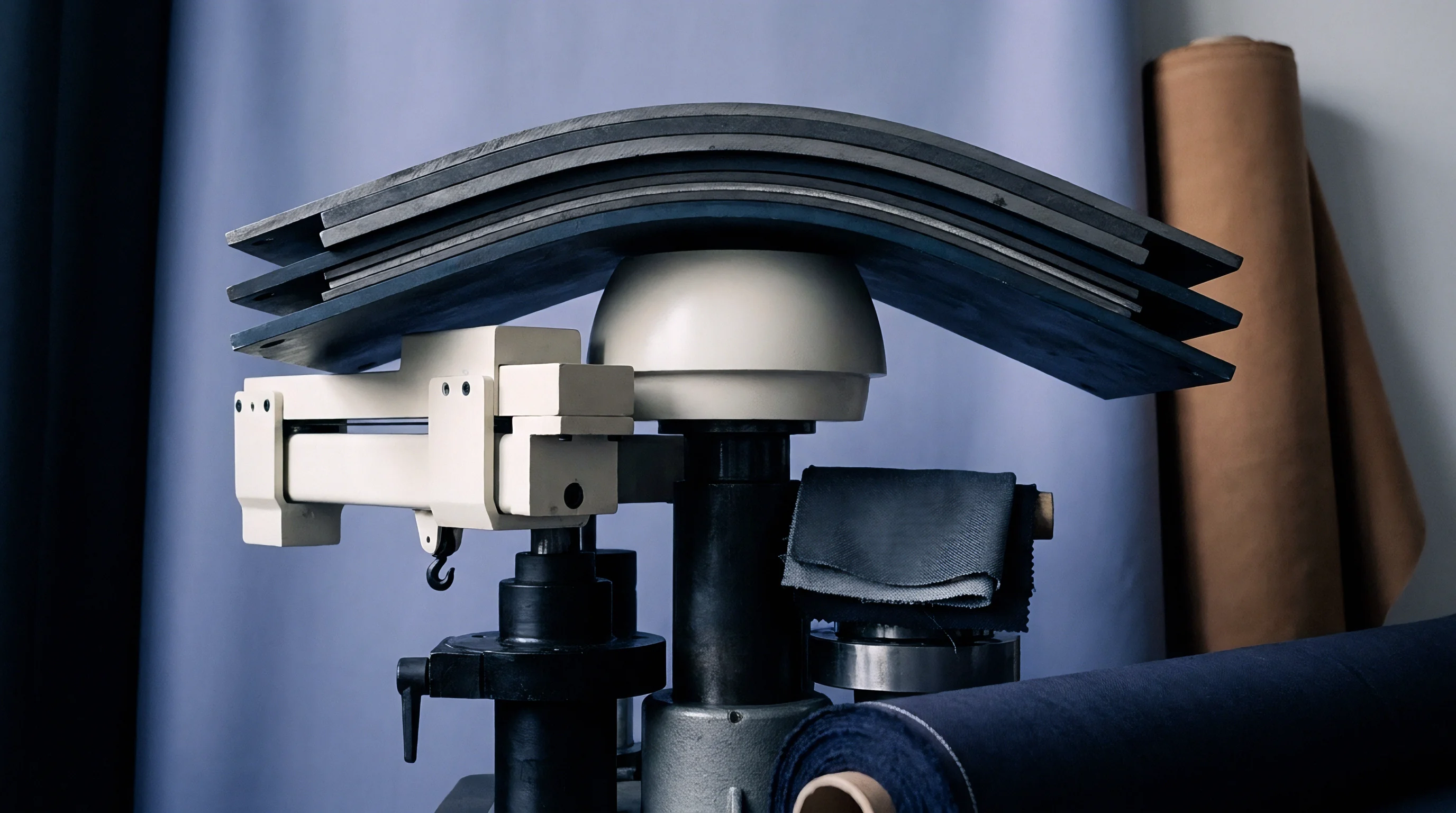 A specialized textile testing machine holds several stacked dark rectangular panels against a central domed component within a studio setting.
