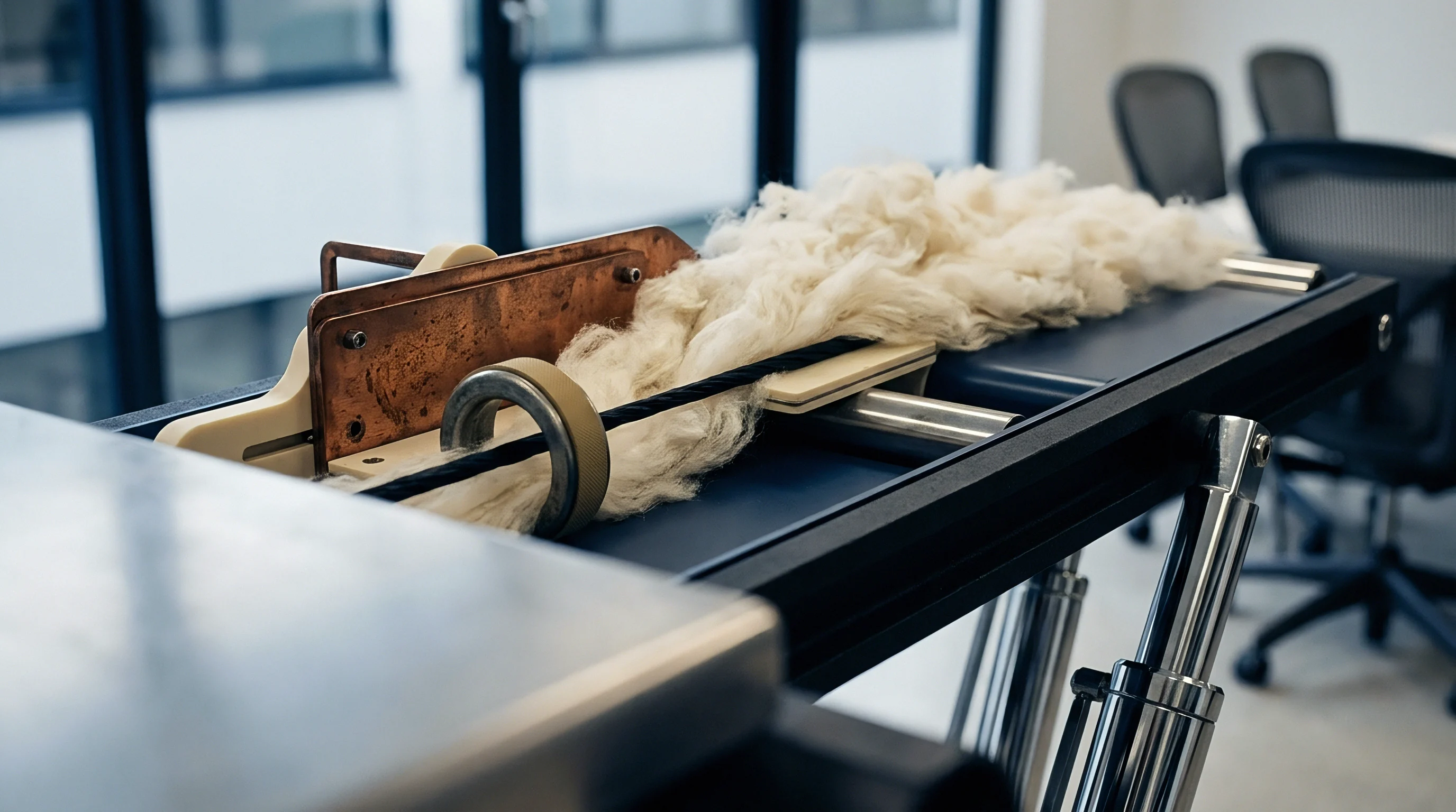 White staple fibers rest horizontally across a metal laboratory testing rig equipped with clamps and pneumatic cylinders.