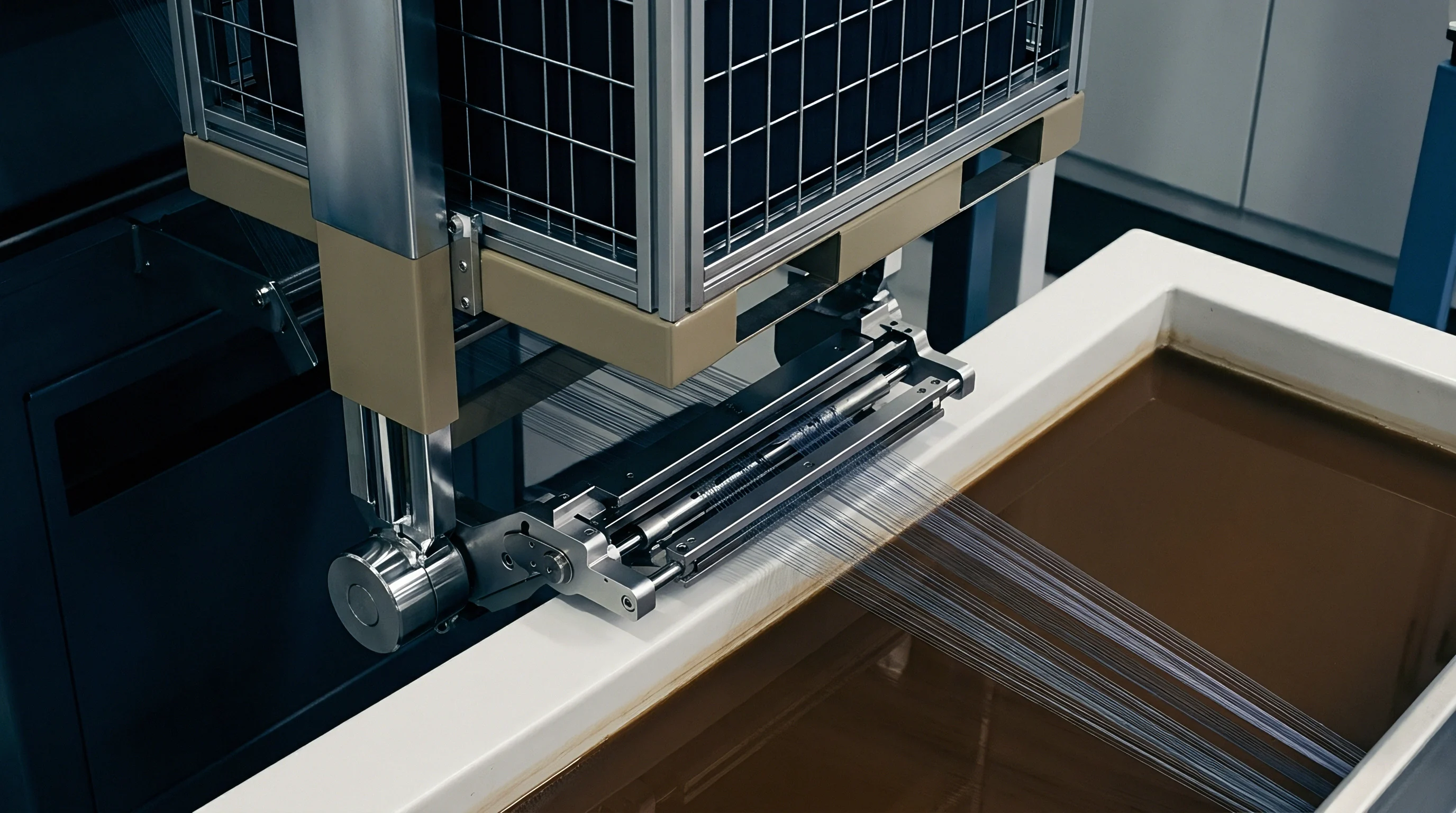 Parallel filaments pass through a precision guiding mechanism before descending into an industrial rectangular bath filled with a brown chemical treatment.
