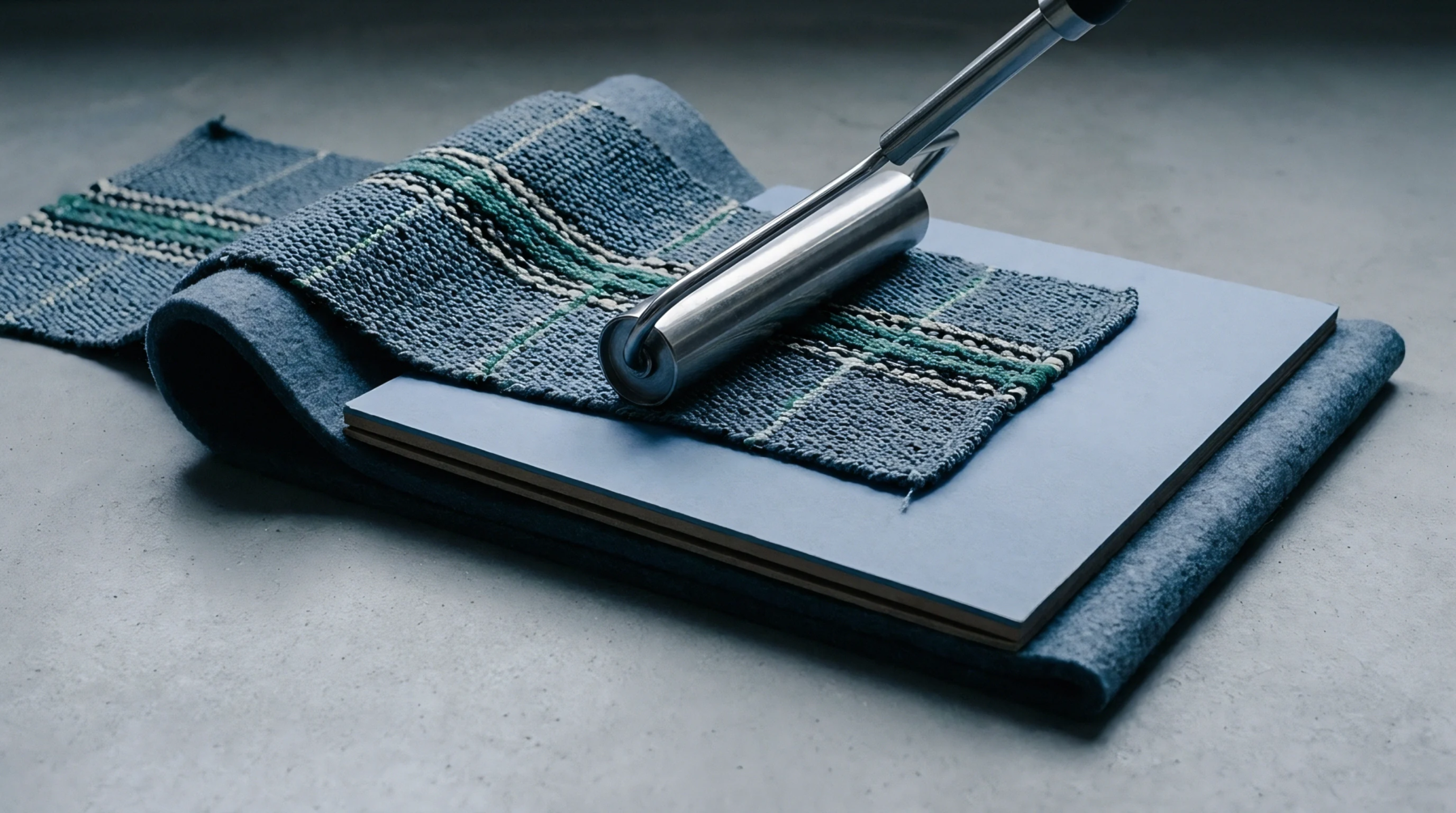 A metal hand roller applies firm downward pressure to a plaid textile sample laid flat against a solid light blue base material.