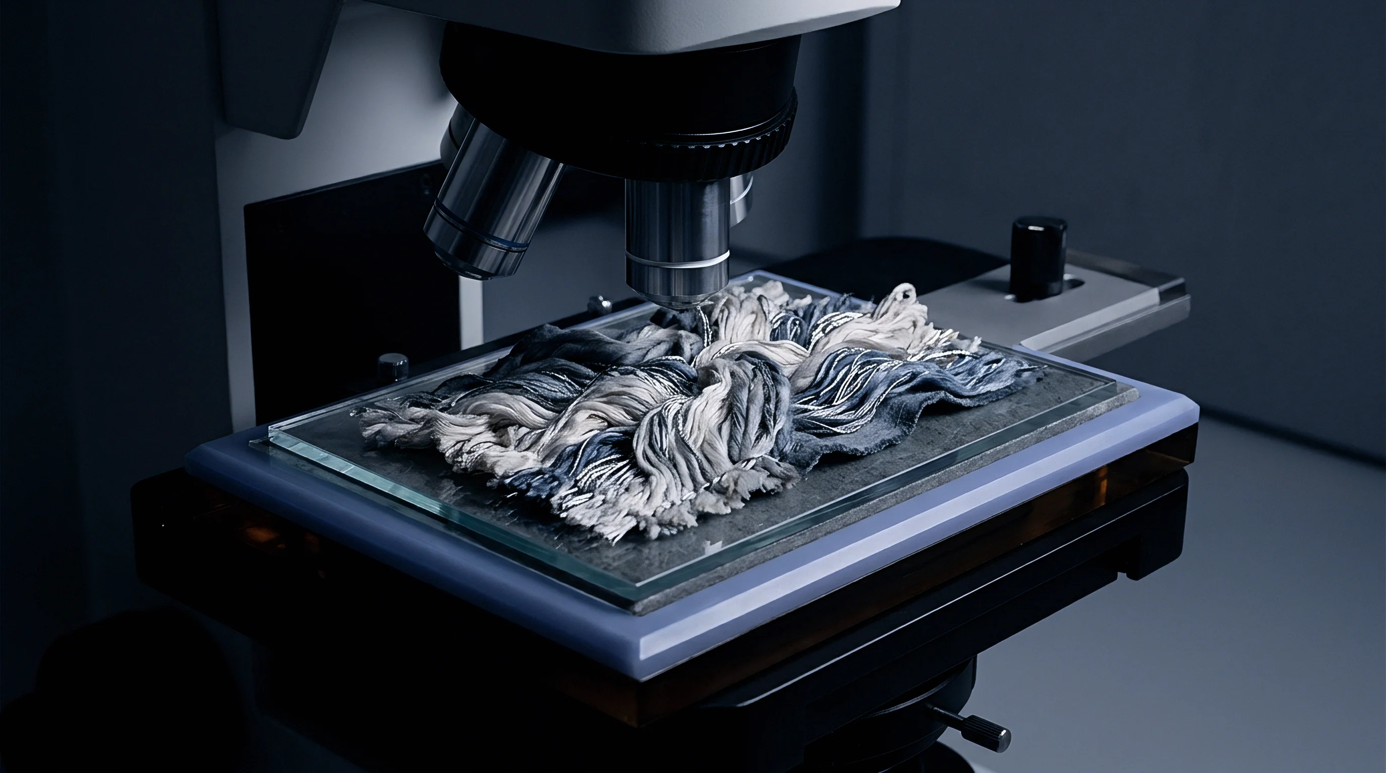 A compound light microscope inspects a variegated bundle of dyed cotton yarns placed on a glass slide for structural material assessment.