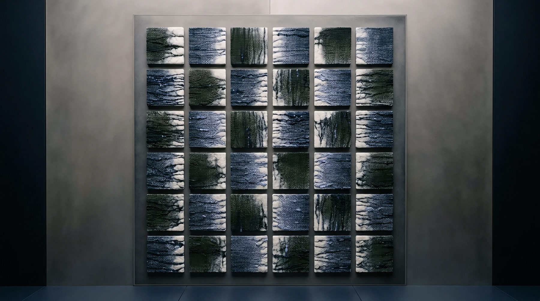 Thirty six square woven textile panels with indigo and olive resist dye patterns are arranged in a precise grid on a neutral wall.