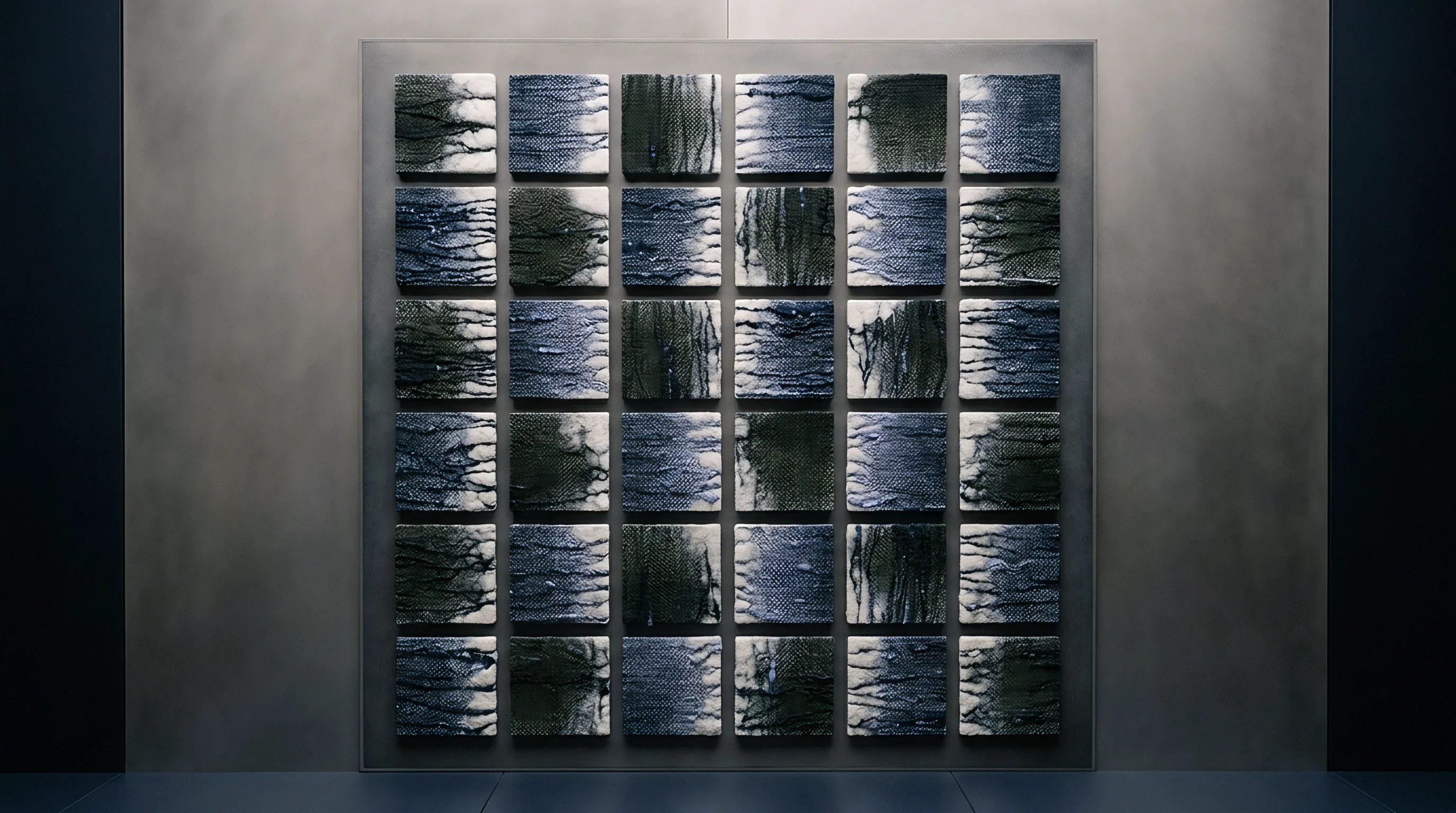 Thirty six square woven textile panels with indigo and olive resist dye patterns are arranged in a precise grid on a neutral wall.