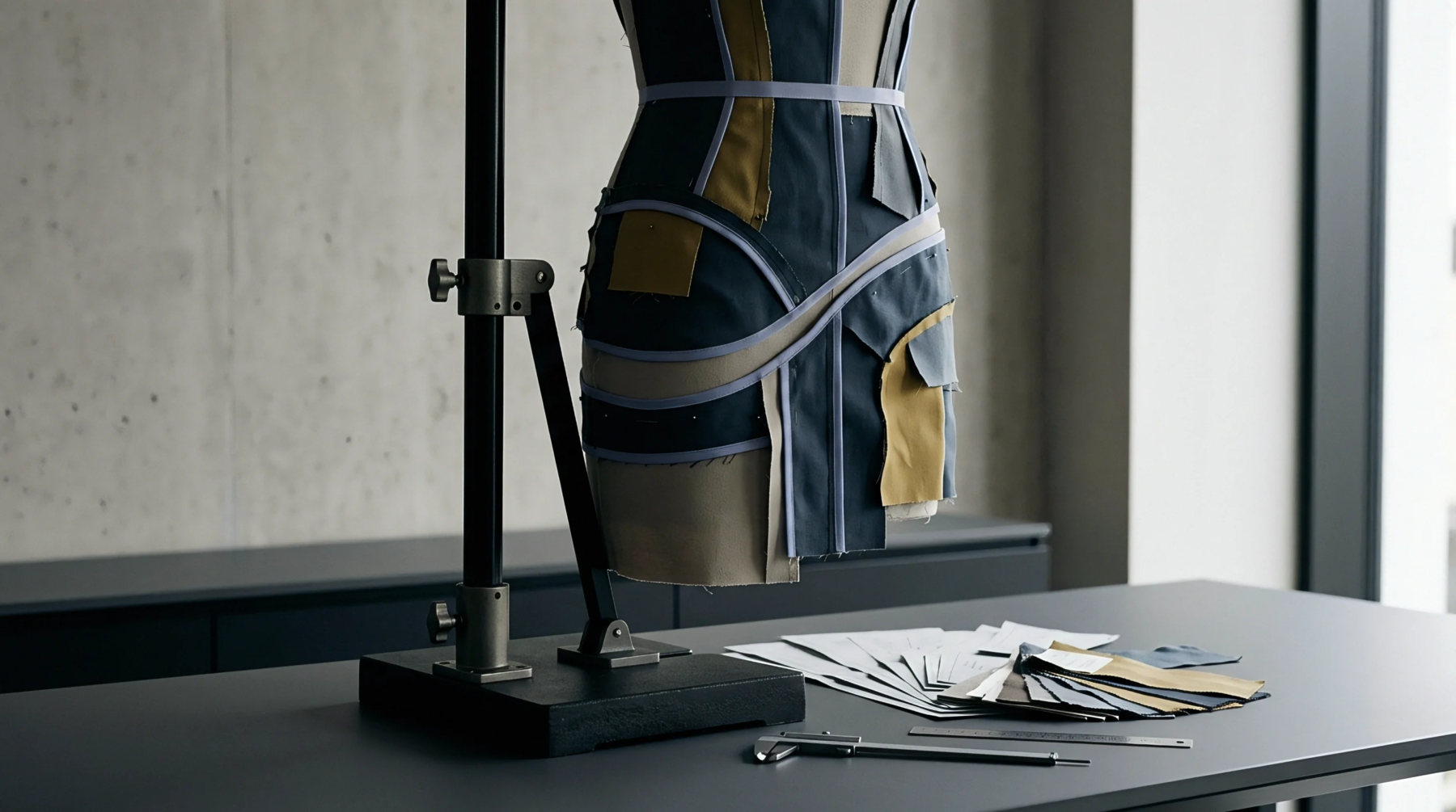 A dress form displaying segmented textile patterns sits on a workbench alongside design sketches technical drawings and various measurement tools.