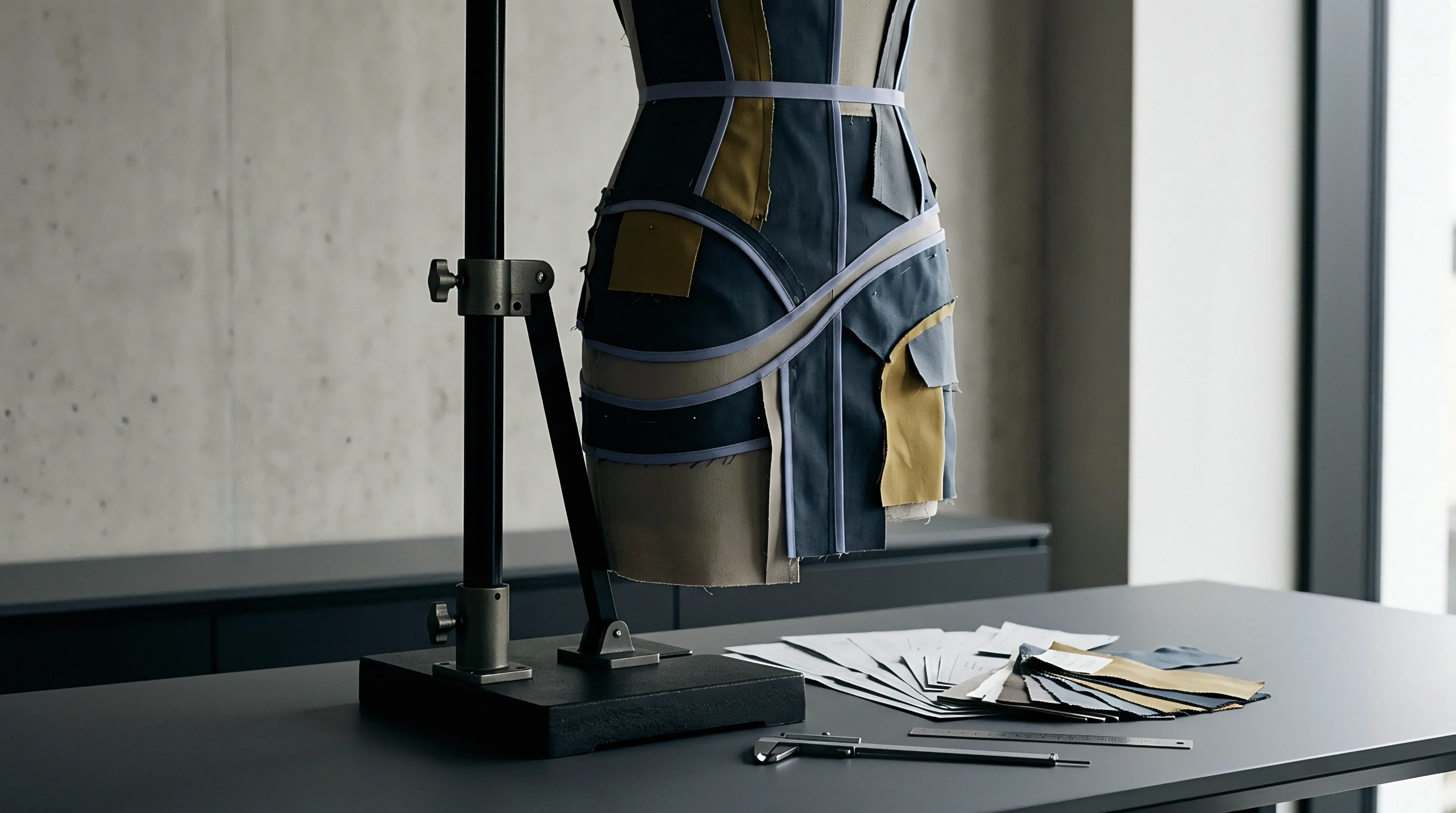 A dress form displaying segmented textile patterns sits on a workbench alongside design sketches technical drawings and various measurement tools.