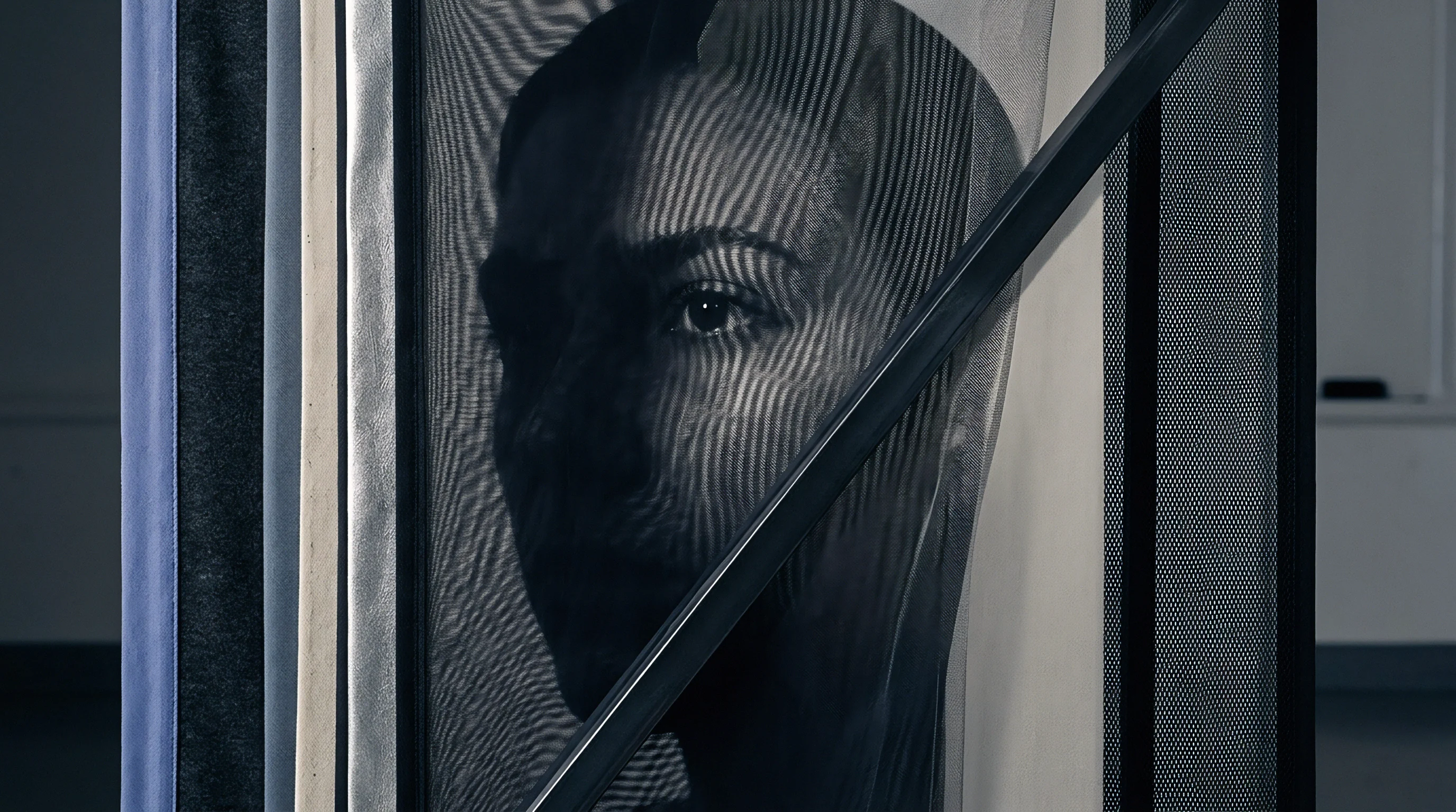 A synthetic black mesh screen stands between the viewer and a monochrome portrait printed on a dense white fabric backing.