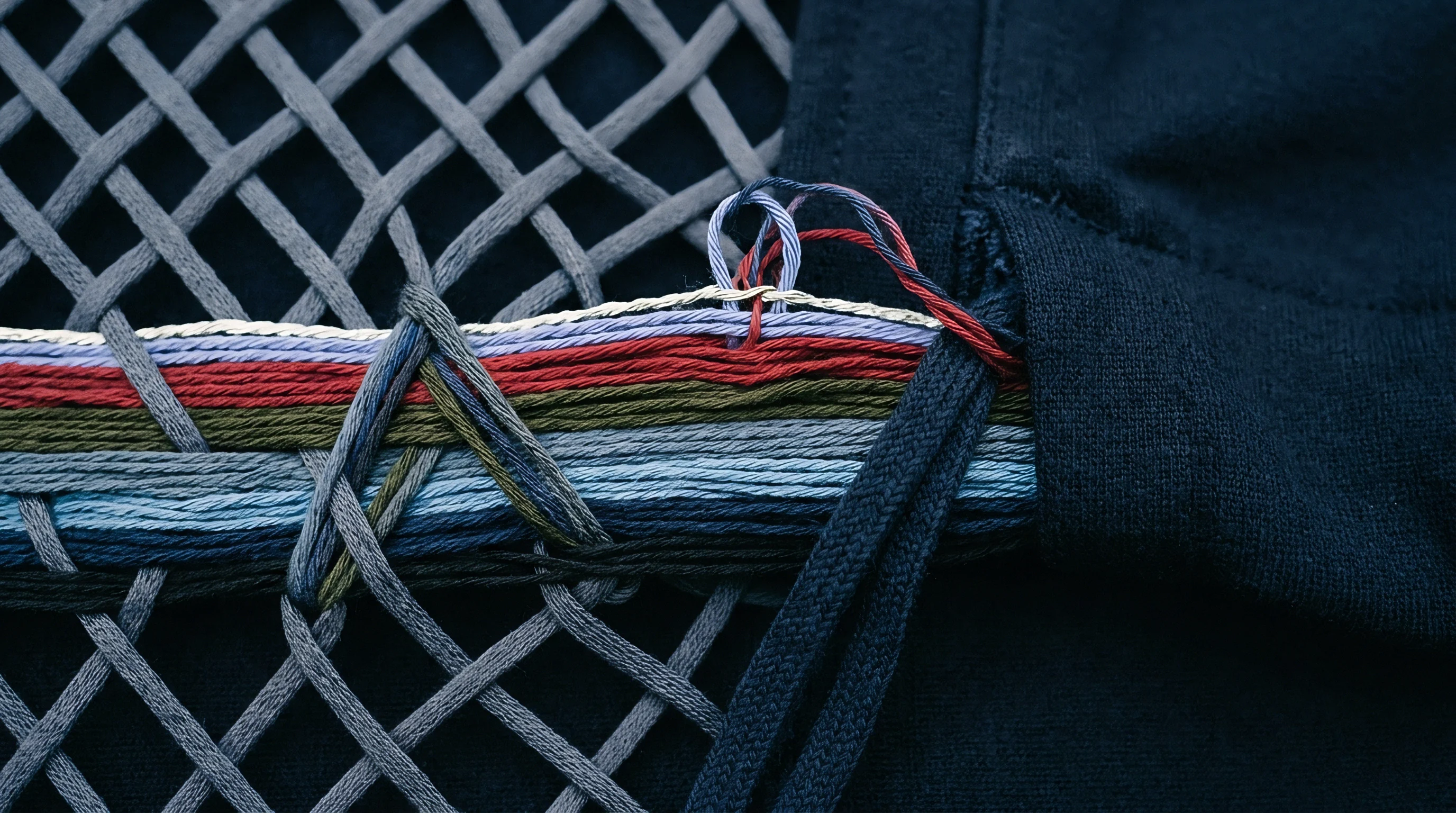 Multi color mercerized cotton threads pass through a dark navy jersey knit textile stretched over a grey latticework frame for repair.
