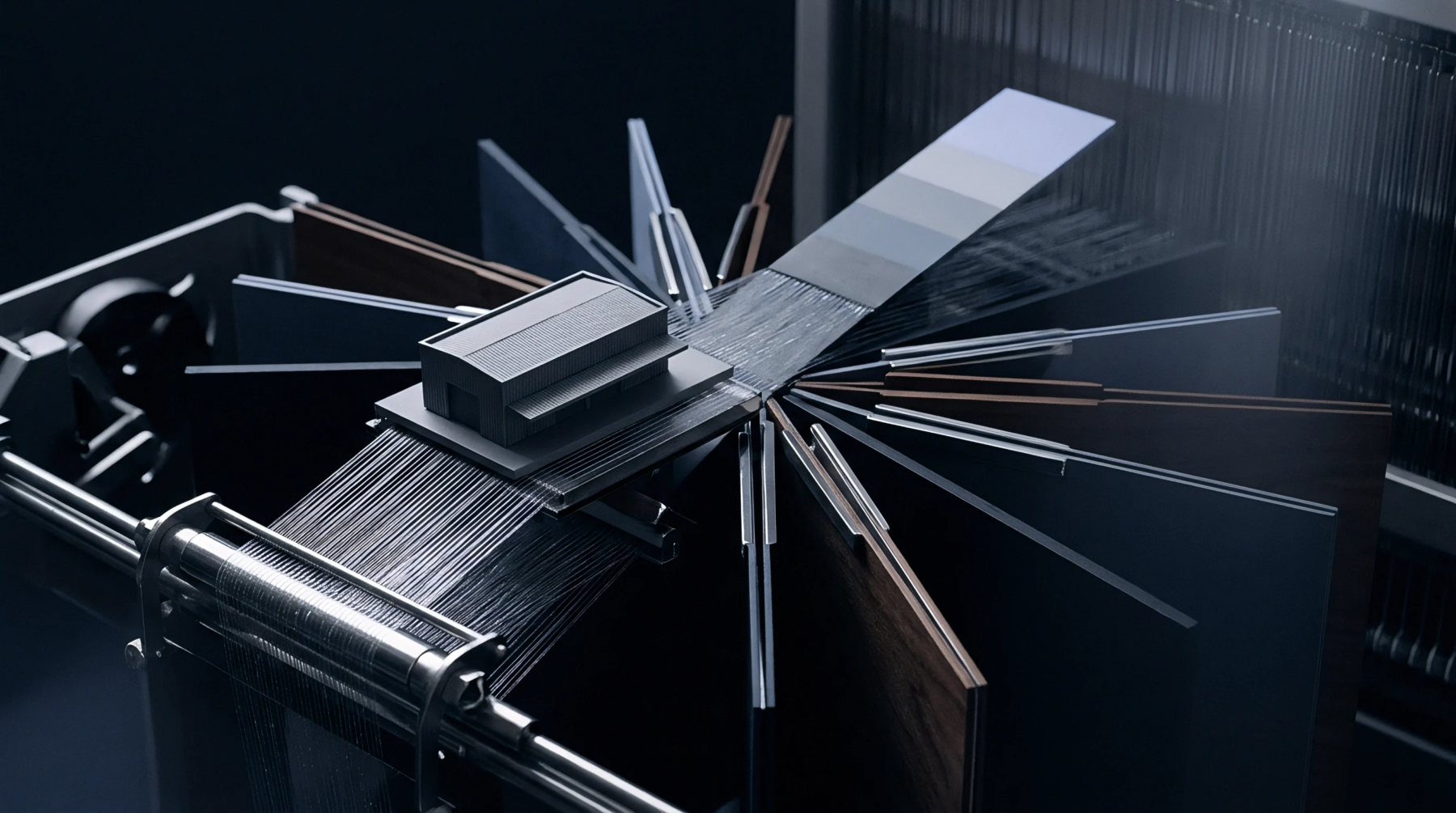 Numerous fine threads extend radially from slotted feed panels toward a central industrial loom assembly supporting a miniature mill model.