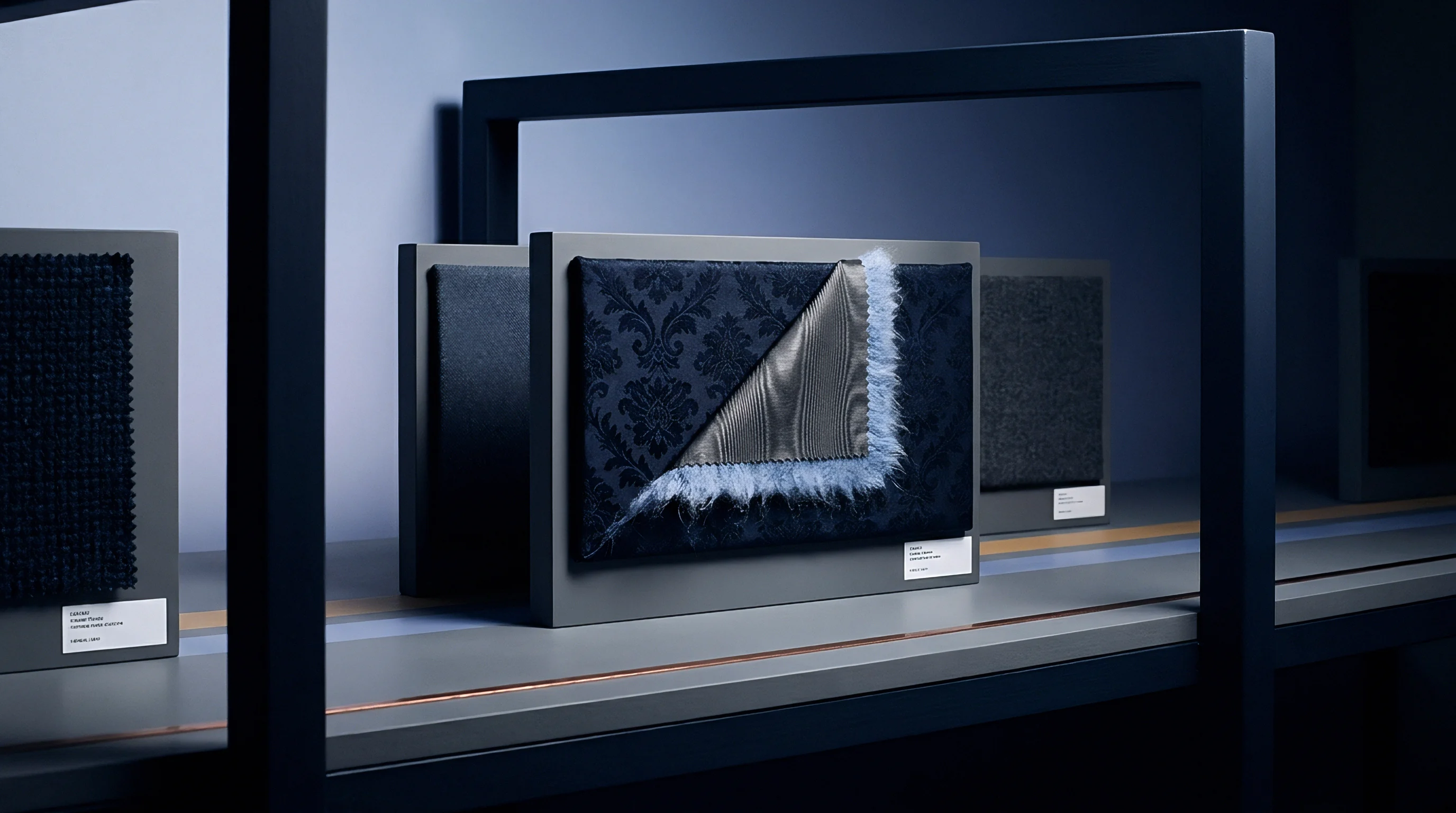 Fabric swatches mounted on gray boards with multilayered textile structures stand on a dark shelf within a material library.