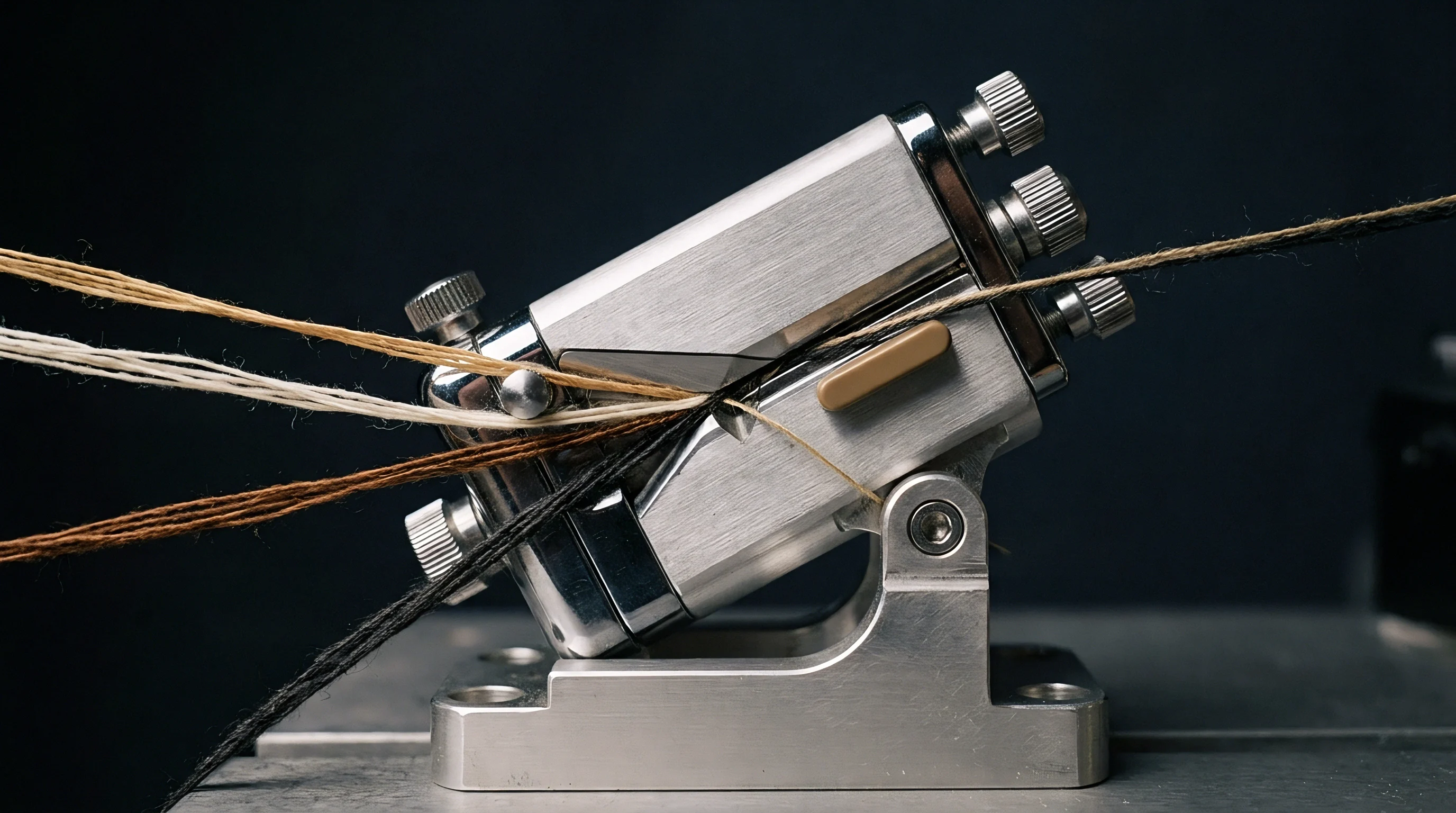 Industrial steel hardware manages four distinct tones of natural yarn as the strands converge through a precision guide on a stationary mount.