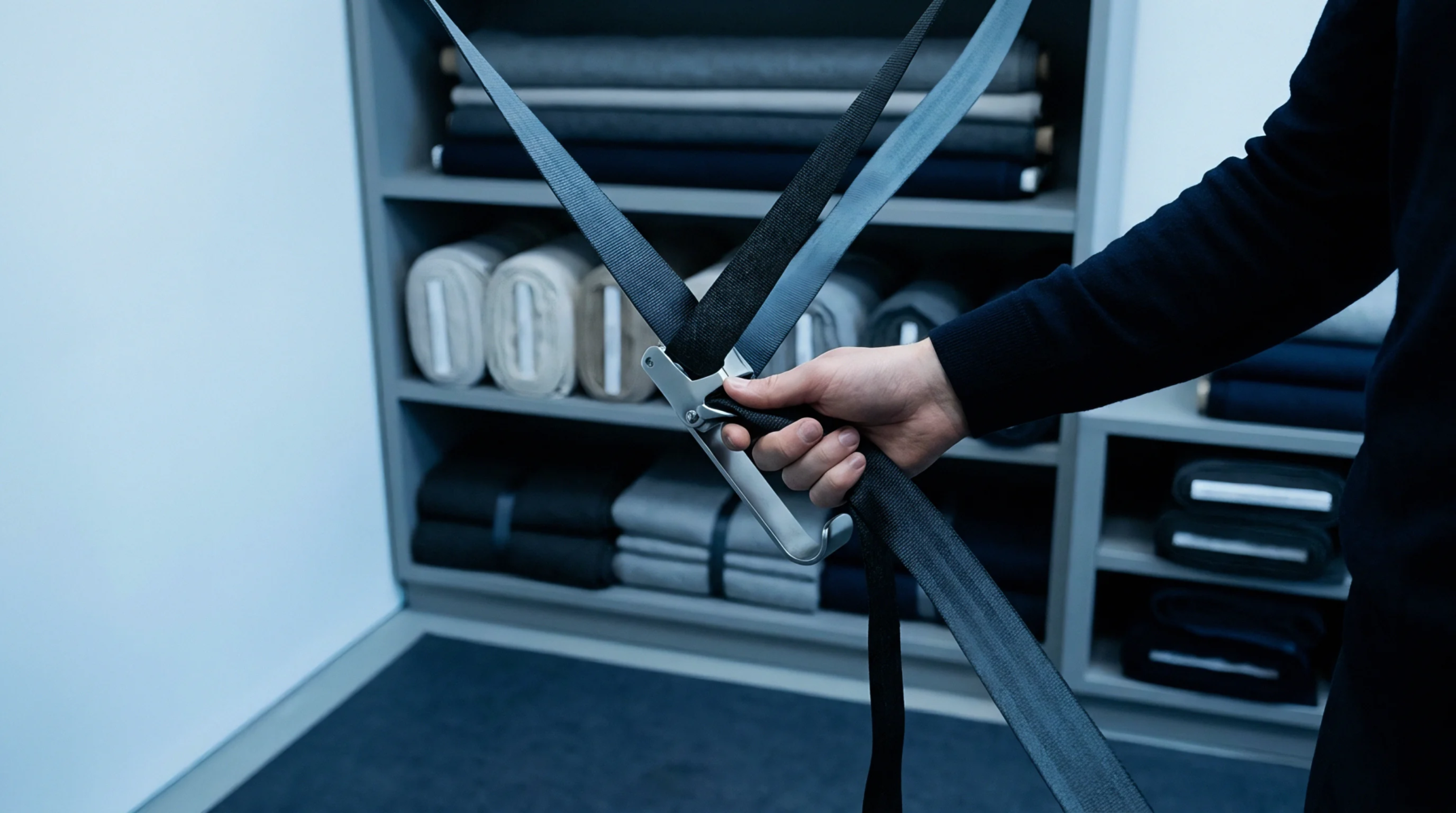 A technician holds a manual clamping tool threaded with black technical webbing in front of fabric sample shelves.