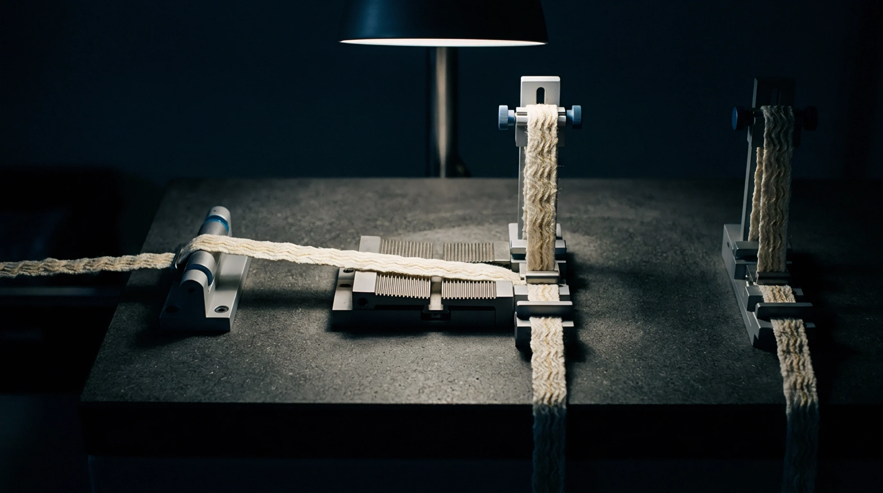 Woven narrow tapes feed through mechanical metal guides mounted on a grey laboratory benchtop under a bright overhead lamp.