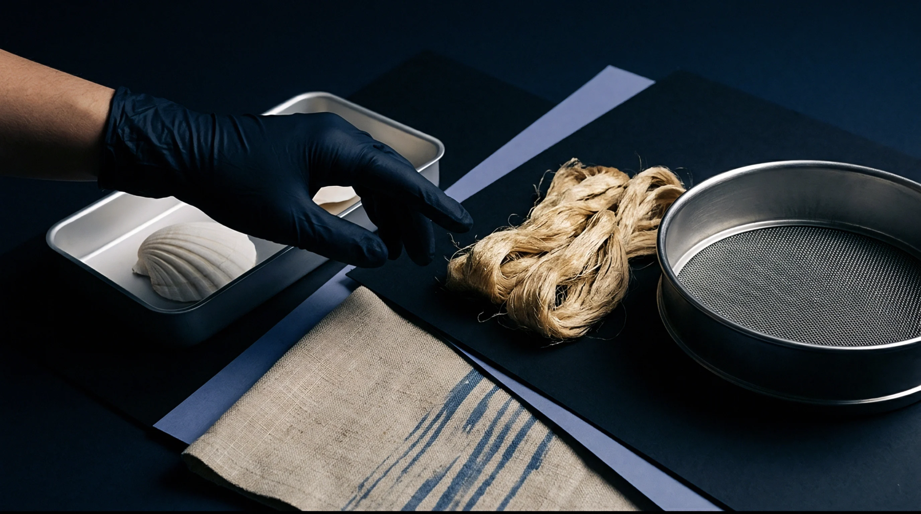 Bast fibre bundles rest near steel specimen trays containing mollusk shells alongside a mesh sieve and patterned textile on dark surfaces.