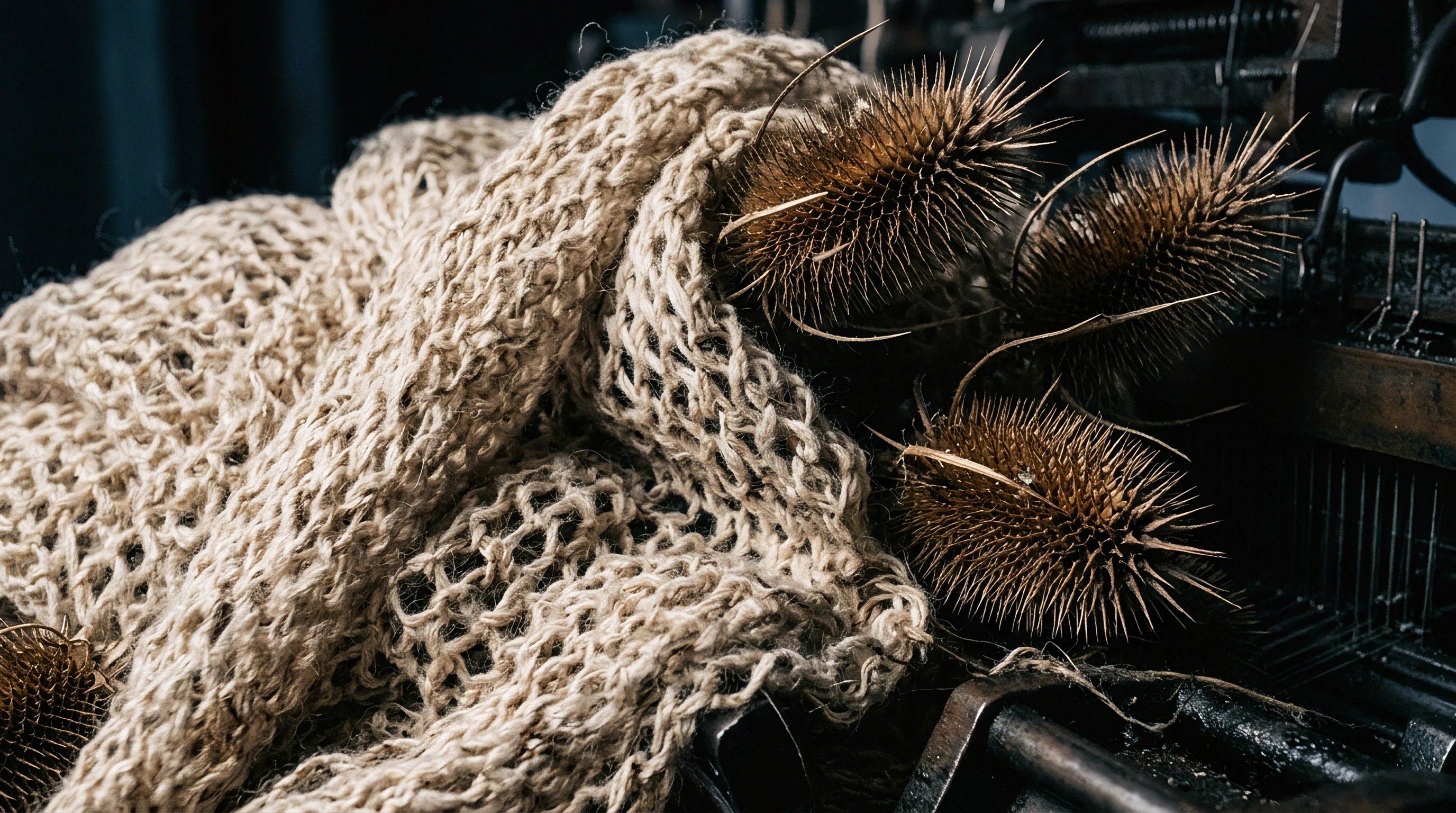 Coarsely knitted natural fiber fabric rests beside dried teasel heads on dark textile production equipment.