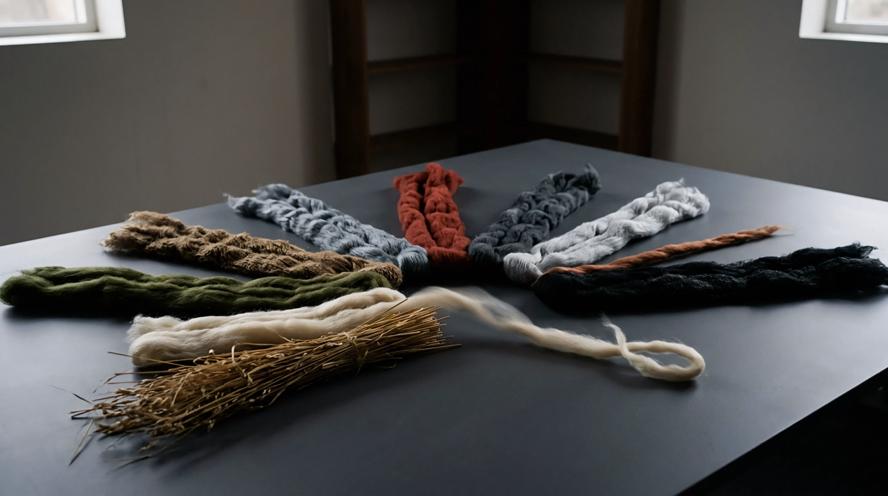 Multiple bundles of braided roving and bundles of unspun animal fibers rest on a dark workstation inside a textile studio.