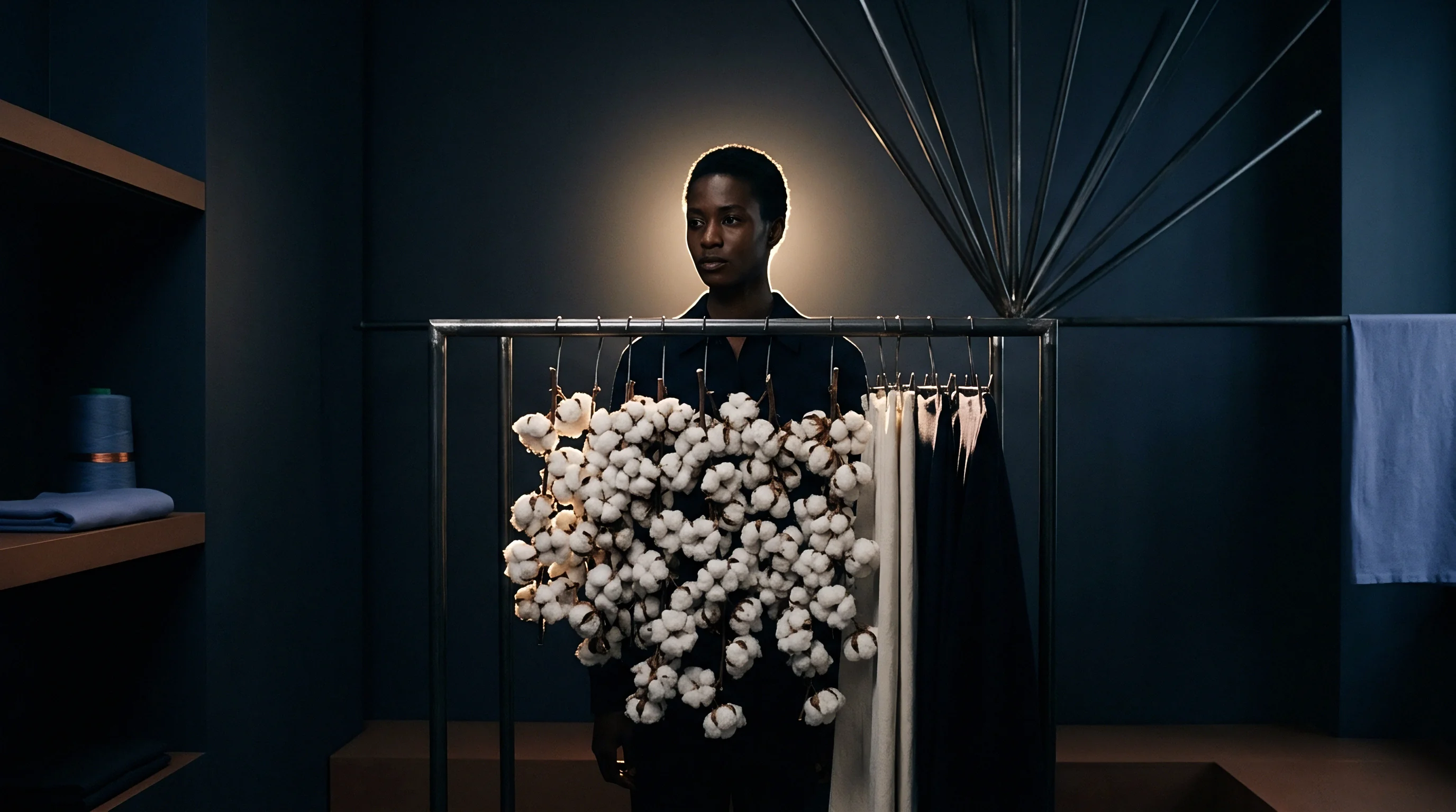 A person stands behind a metal rail, displaying cotton bolls on hangers alongside dark fabric garments in a dim, minimalist interior.