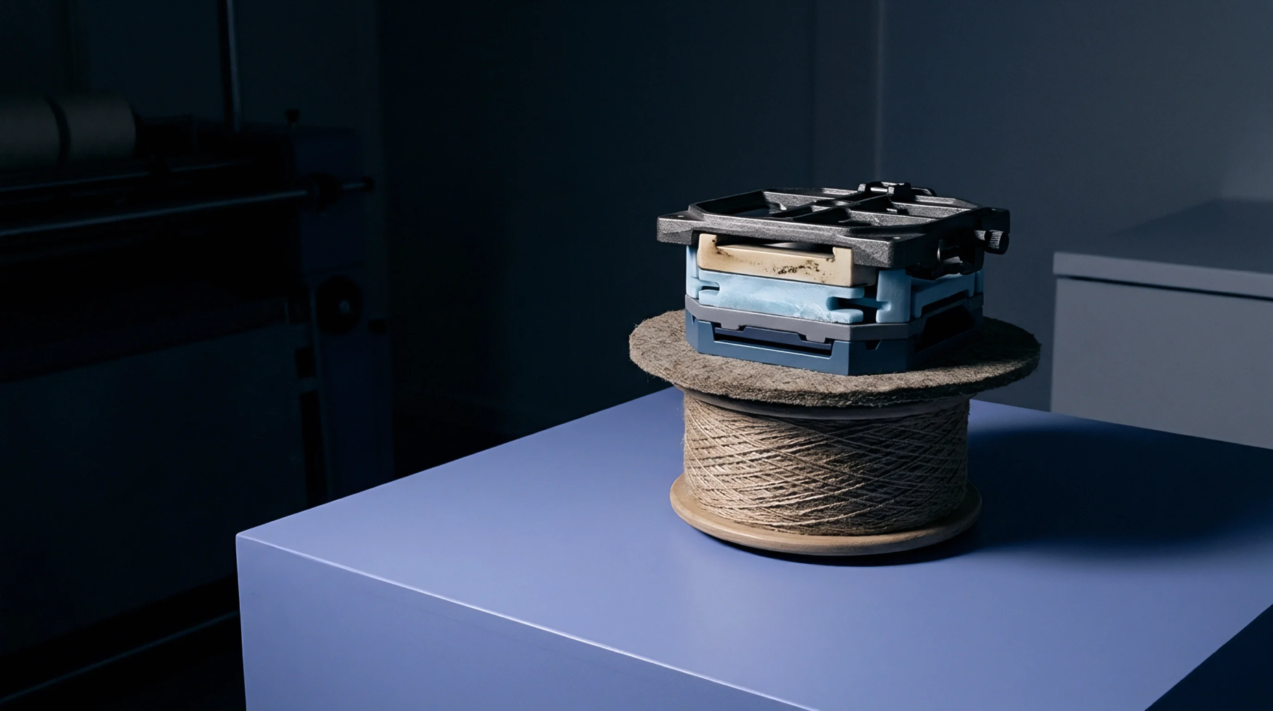 A wound natural fibre spool supports a stacked polymeric and metallic mechanical assembly on a pale blue workbench inside a production facility.