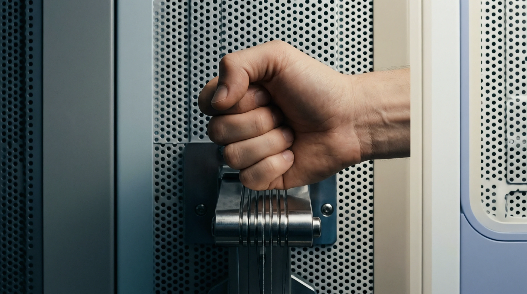 A human fist grips a heavy stainless steel mechanical lever mounted on a perforated industrial machinery enclosure panel.