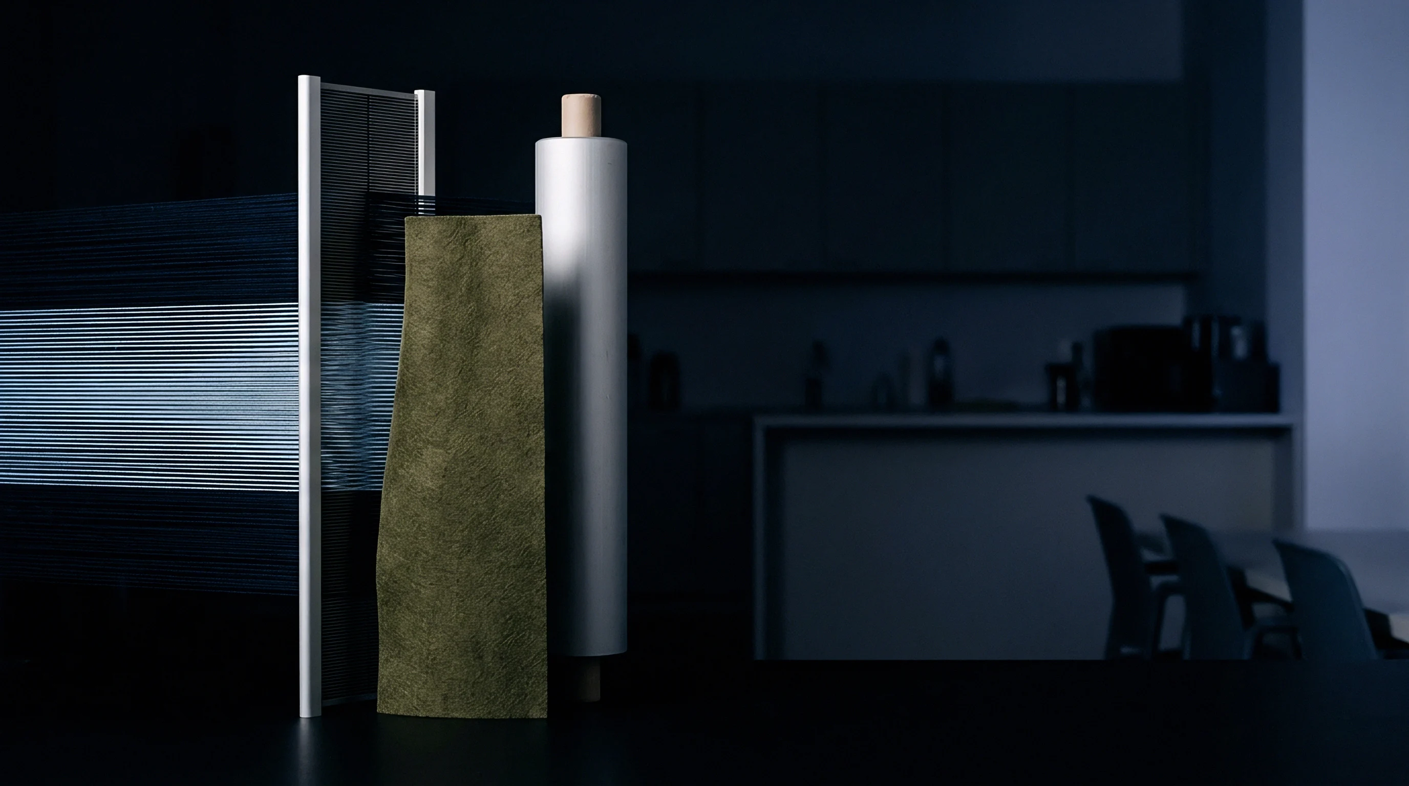 Neatly arranged horizontal yarns on a vertical frame stand beside an upright textured textile swatch and a tall white material roll in a dimly lit setting.