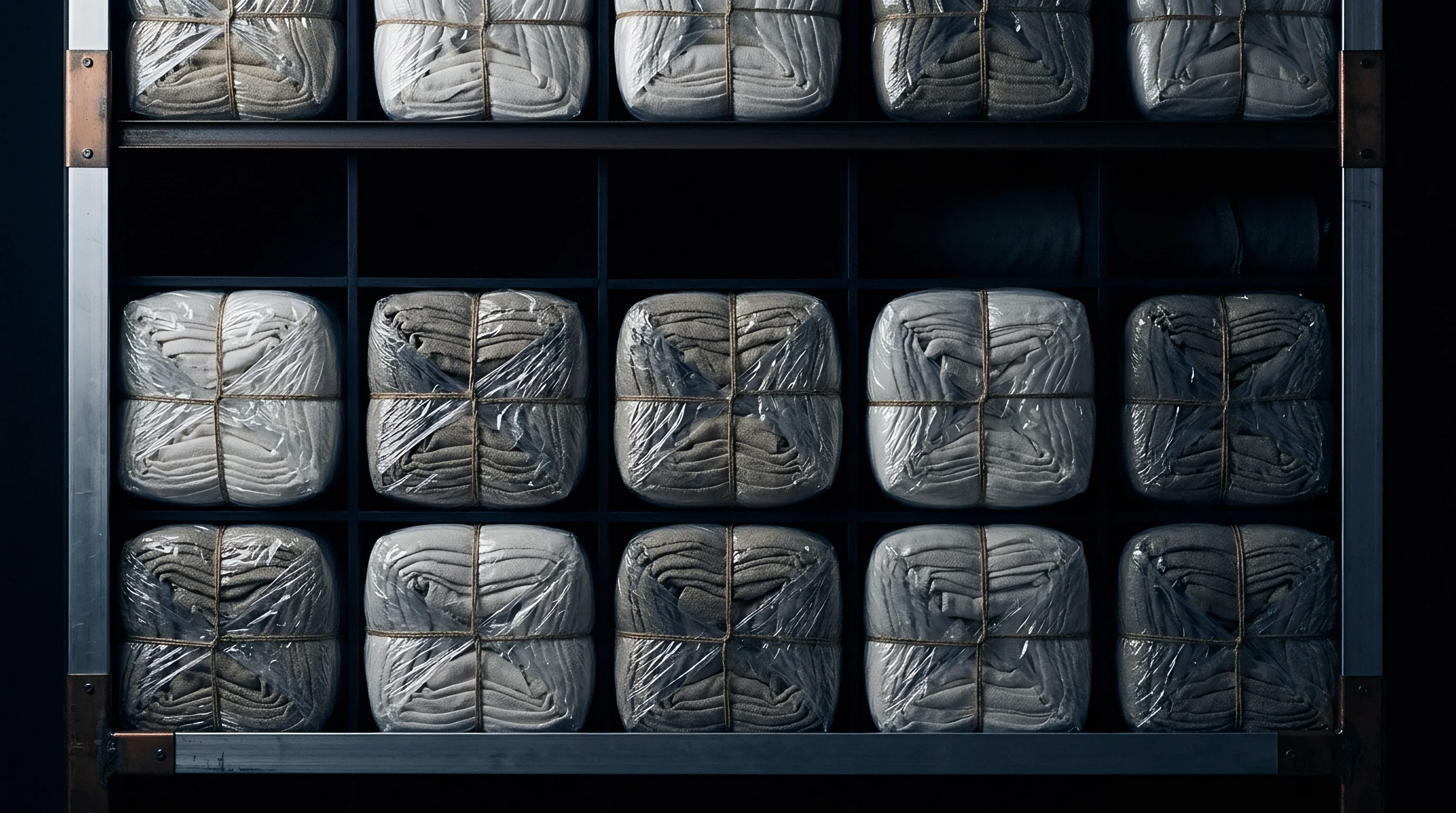Neatly arranged textile bundles wrapped in clear plastic film and secured with twine fill a dark compartmentalized shelving unit.