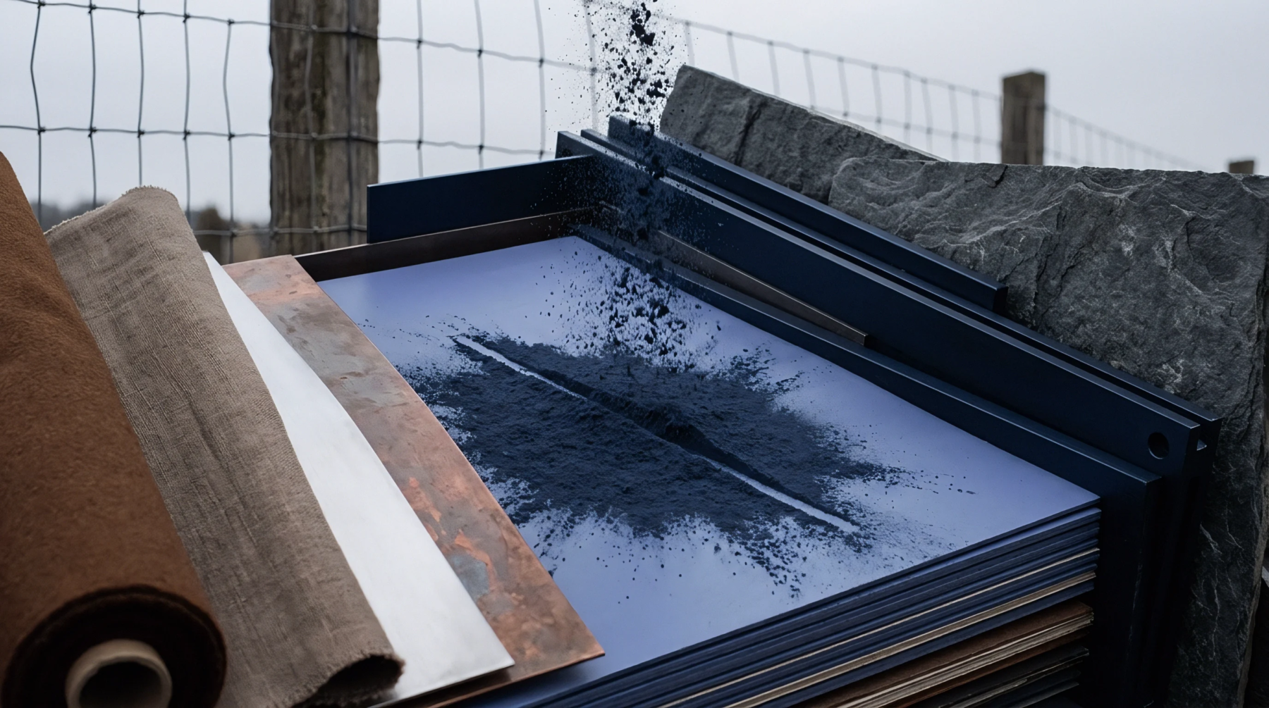 Loose blue pigment falls onto a smooth substrate surface beside rolls of woven textile within an experimental apparatus located in an outdoor production environment.