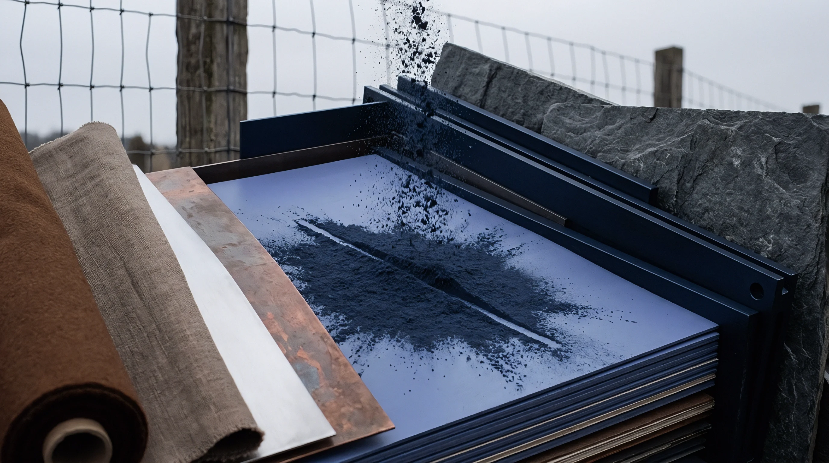 Loose blue pigment falls onto a smooth substrate surface beside rolls of woven textile within an experimental apparatus located in an outdoor production environment.
