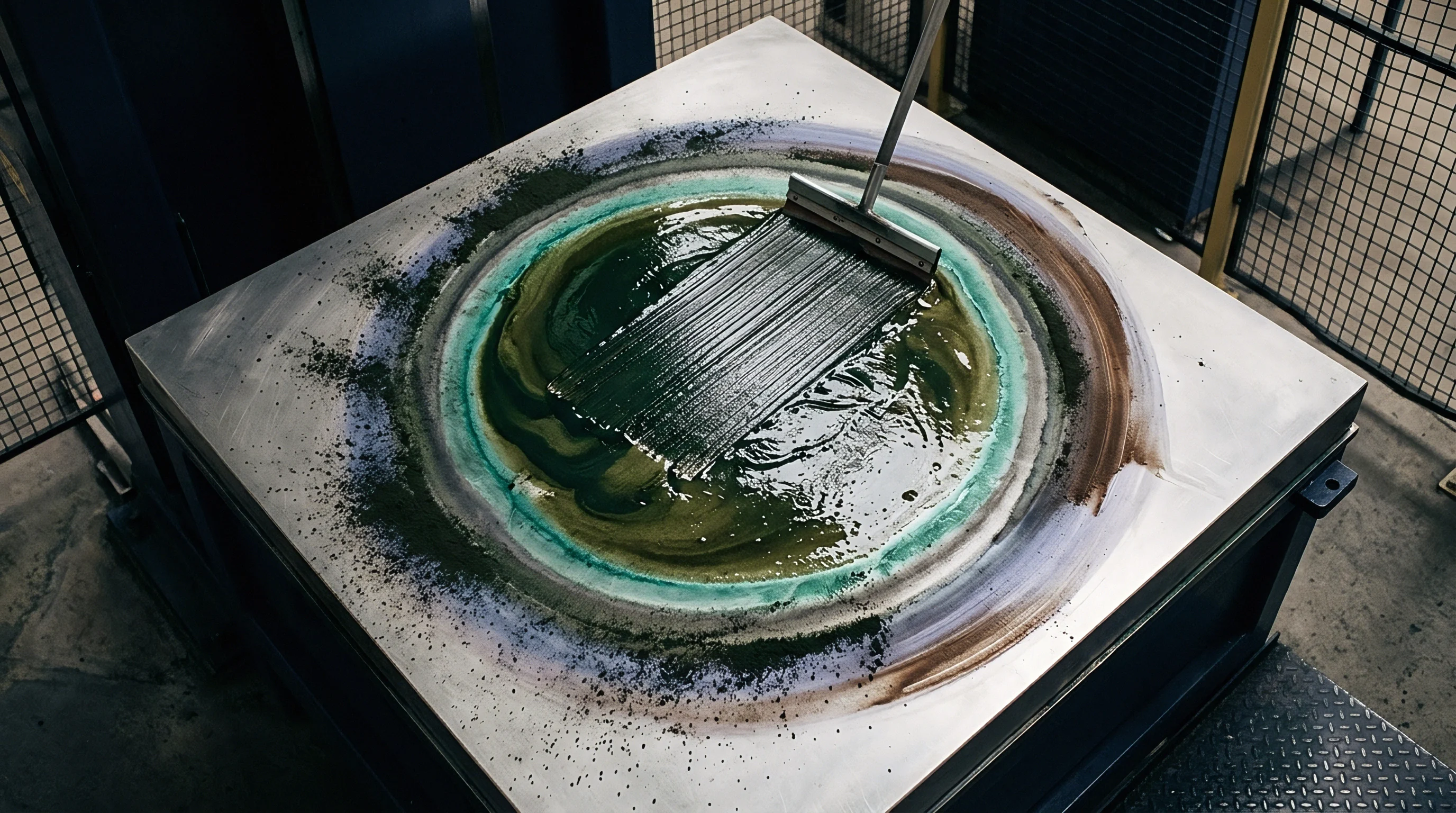 A metal squeegee draws colored textile printing paste across a steel mixing table during a pigment formulation and strike off trial.