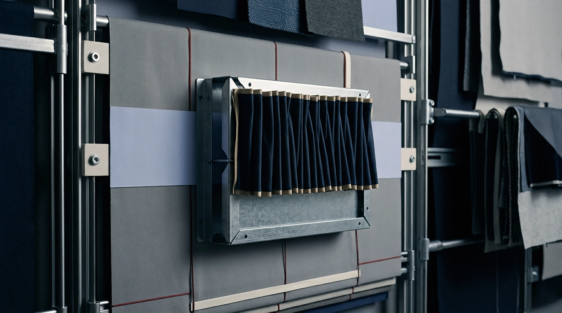 A pleated dark navy fabric specimen sits within a metal frame mounted on a gray textile panel held by industrial scaffolding.
