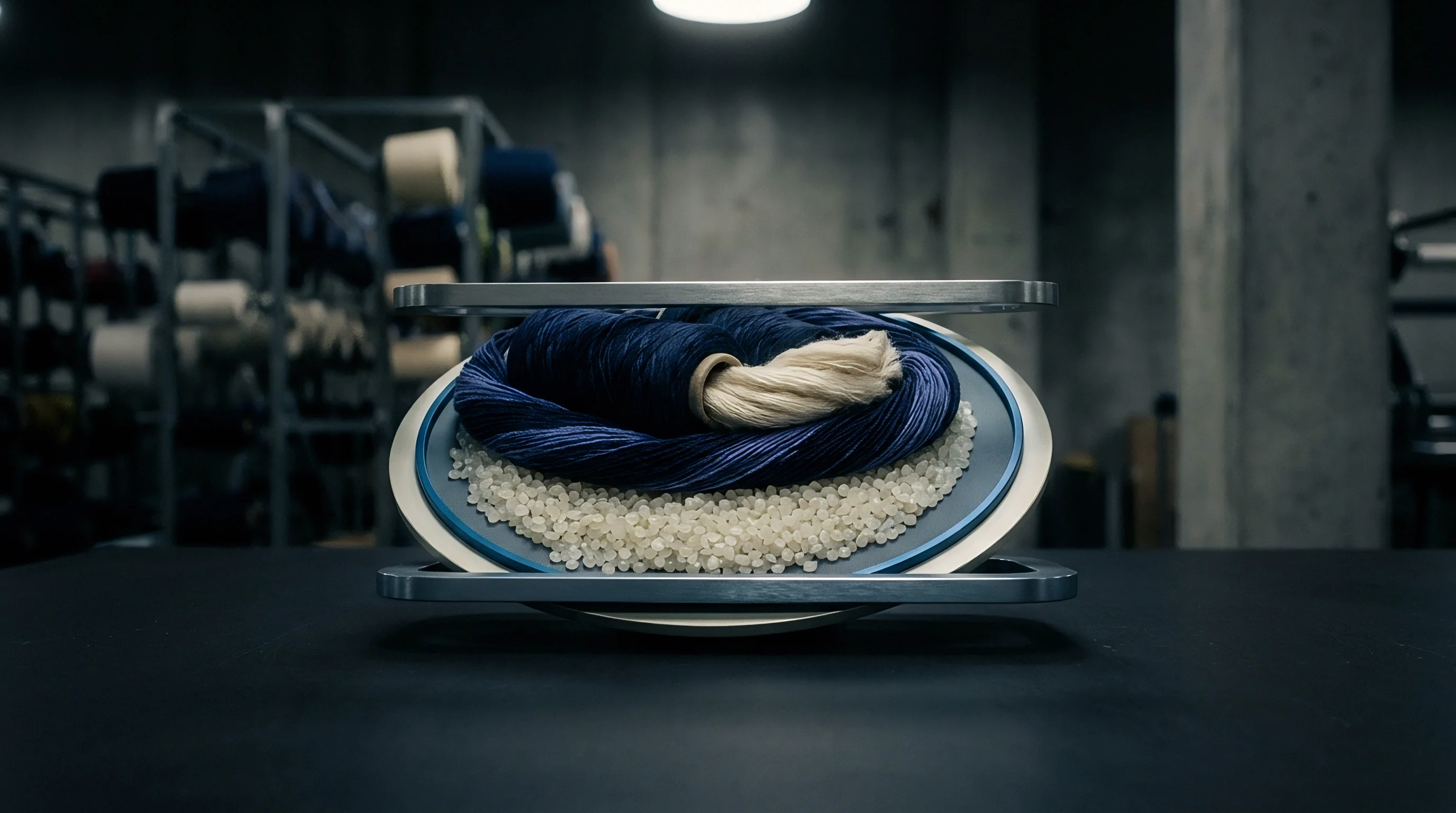 Raw polymer granules rest beneath indigo dyed textile fibers inside a metallic laboratory sample holder within an active spinning facility.