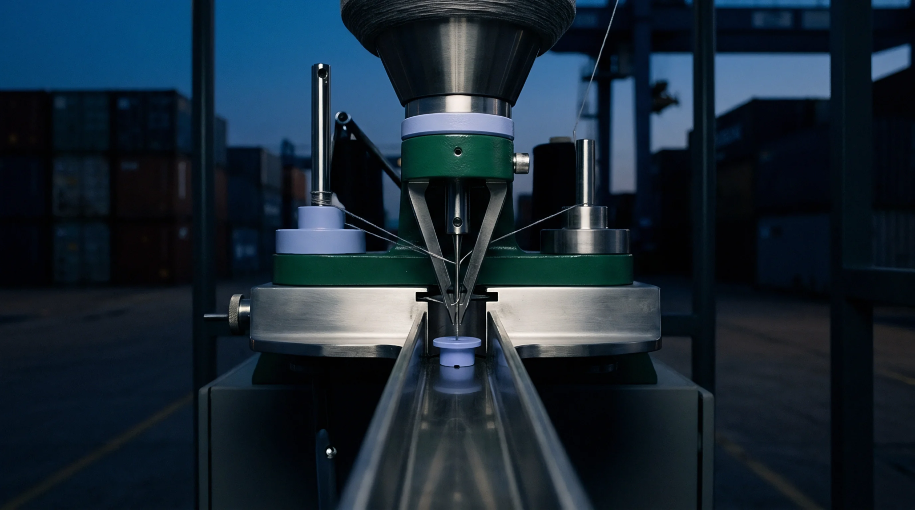 A green industrial machinery head feeds yarn through metal guides above a vertical metal track set against shipping containers at twilight.