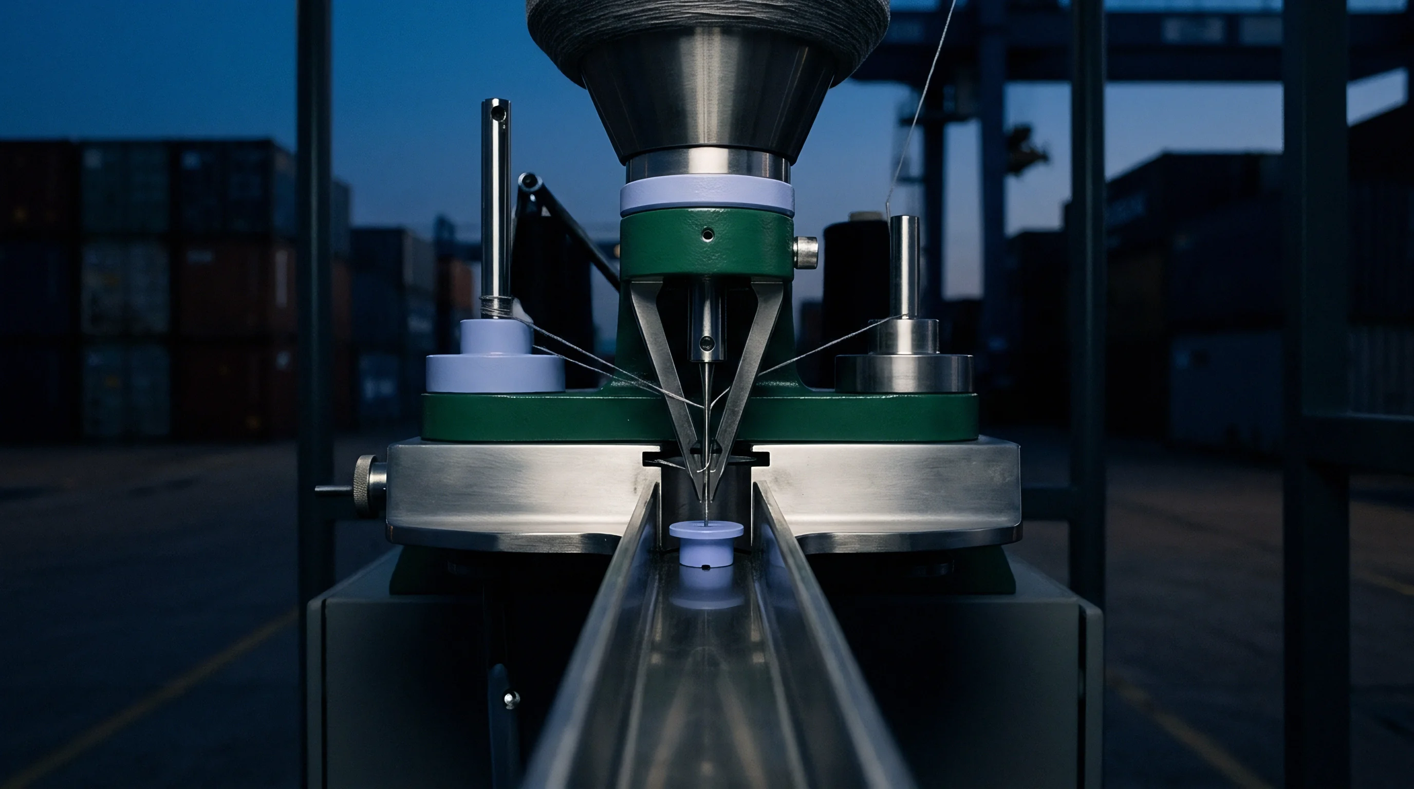 A green industrial machinery head feeds yarn through metal guides above a vertical metal track set against shipping containers at twilight.