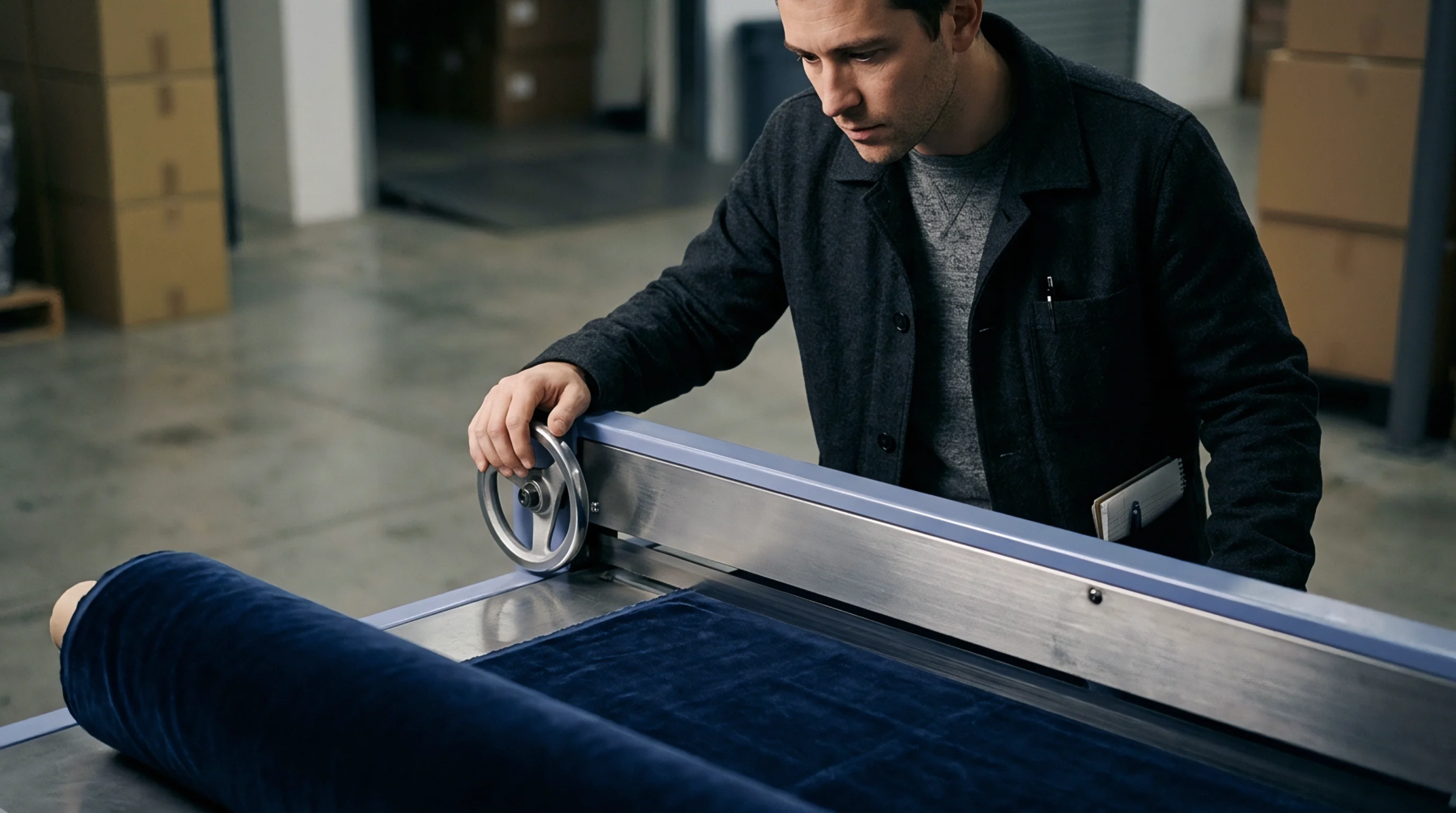 A man operates a cutting machine to process a large roll of deep blue plush fabric in a production facility.