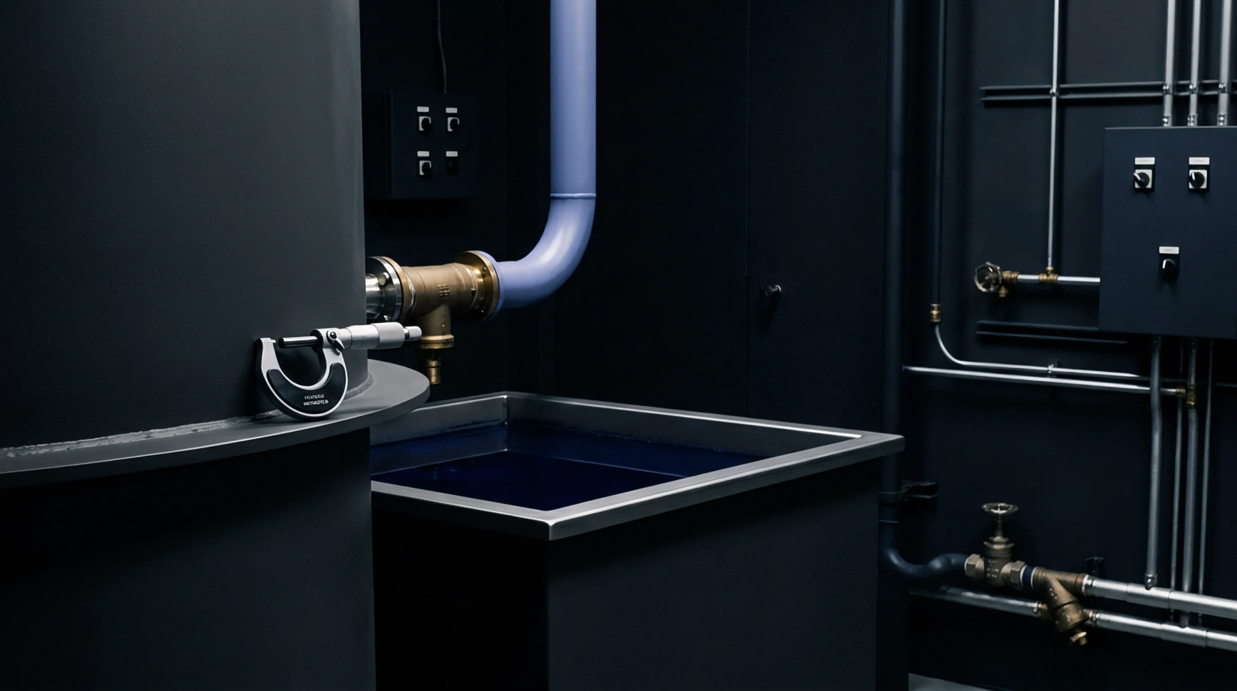 A metal micrometer rests on a black dyeing tank beside a square basin of dark liquid in a textile production laboratory.
