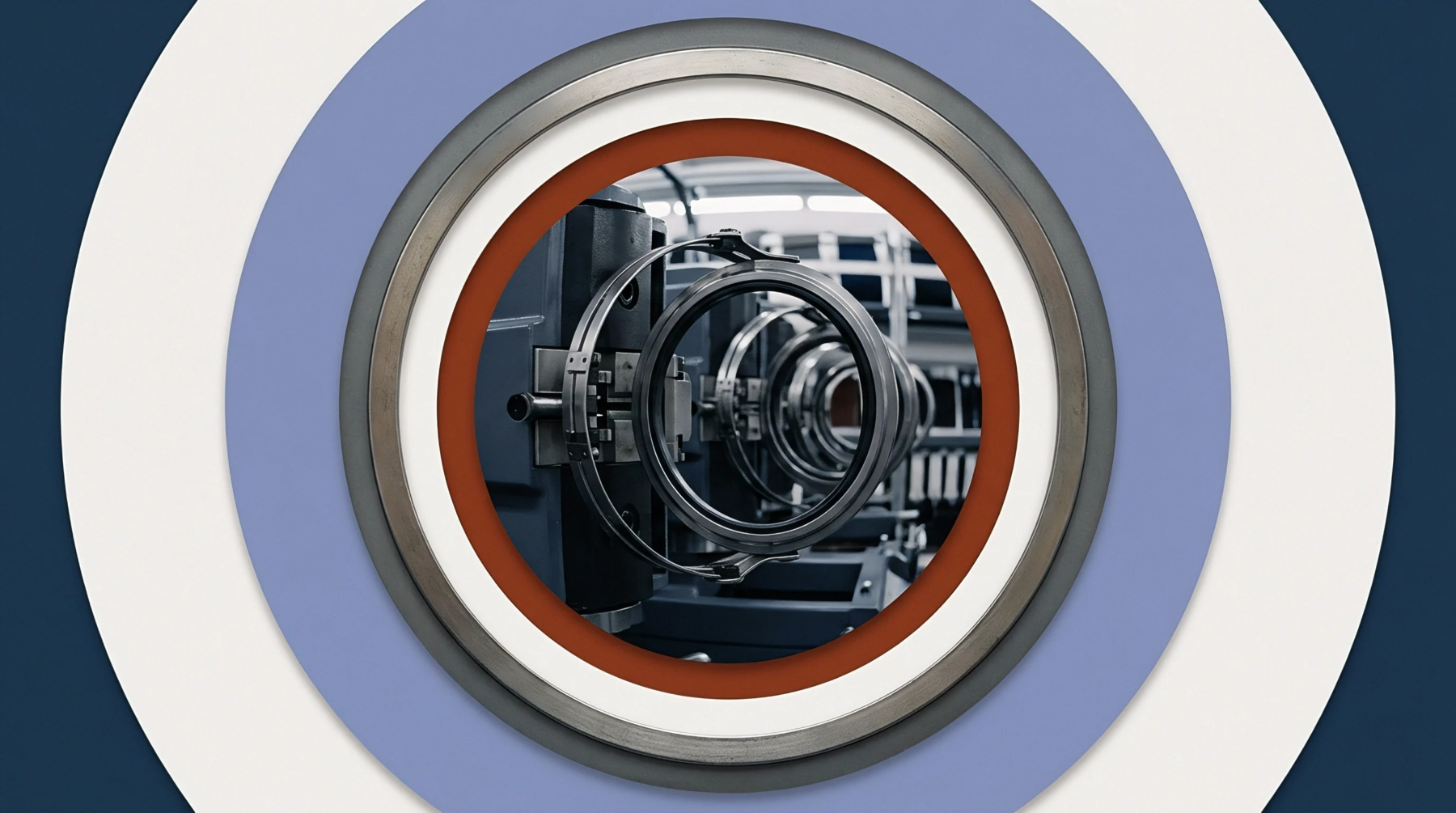 A series of dark metallic rings form an industrial processing line, framed by concentric bands of dark blue, white, and pale blue.