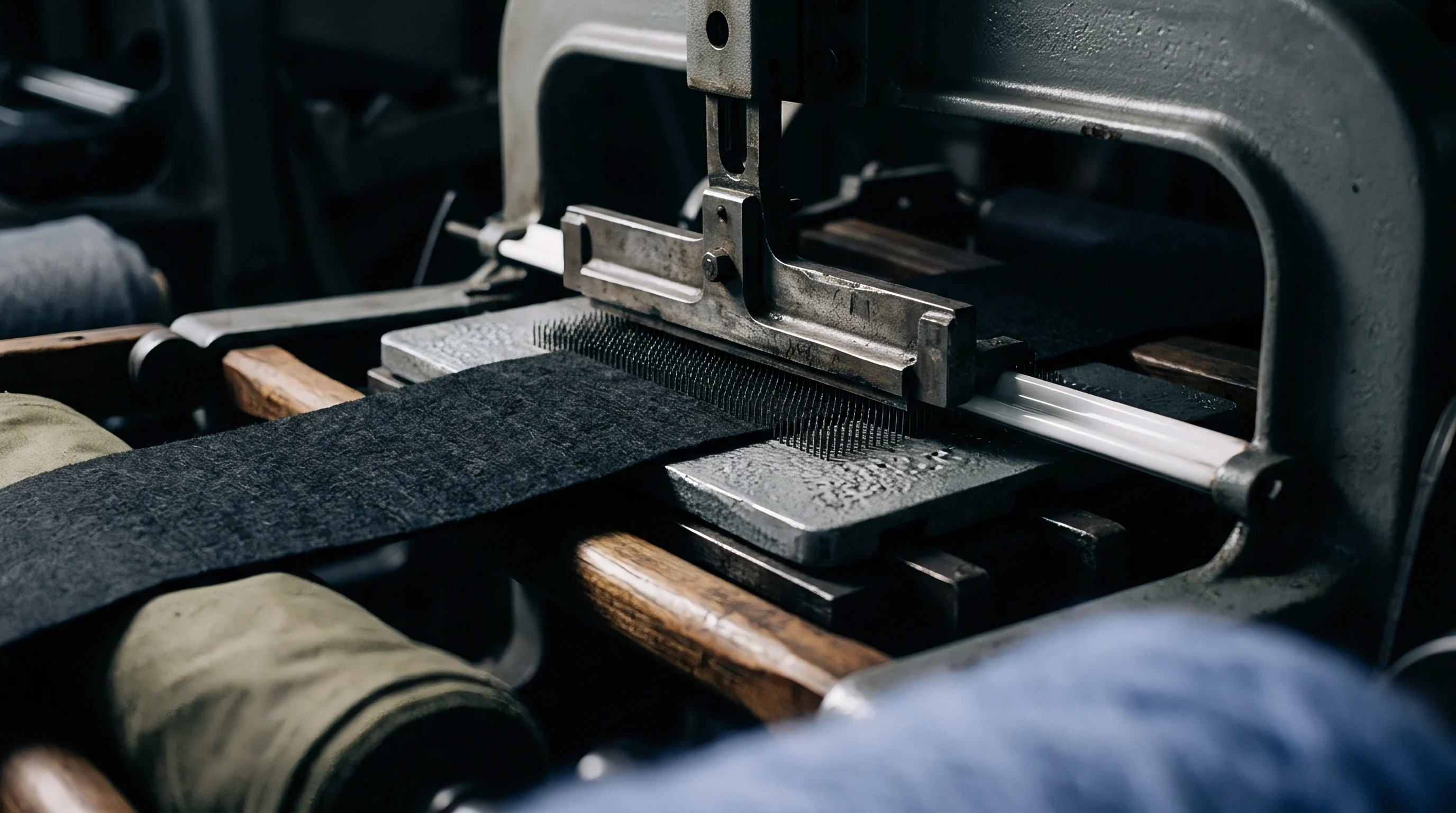 A close-up view of an industrial machine's needle array precisely treating a dark textile fabric strip.