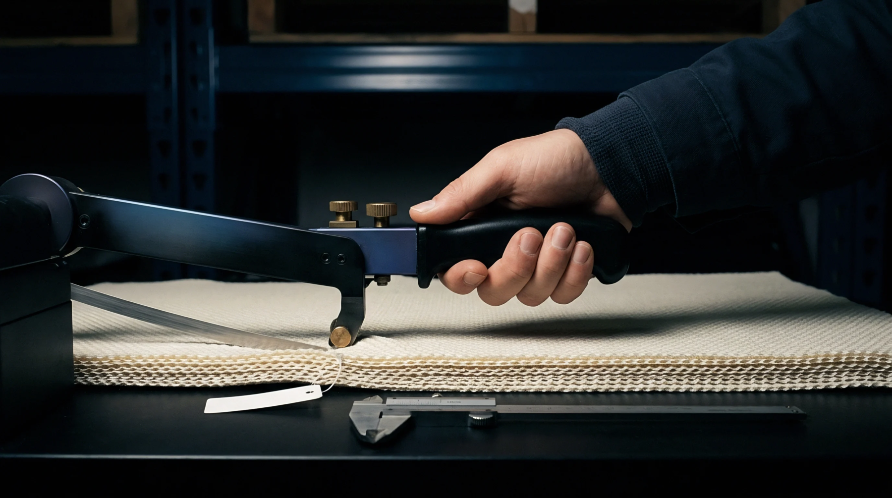 A handheld pneumatic cutting blade slices through a layered stack of structured white textile on a black work surface.