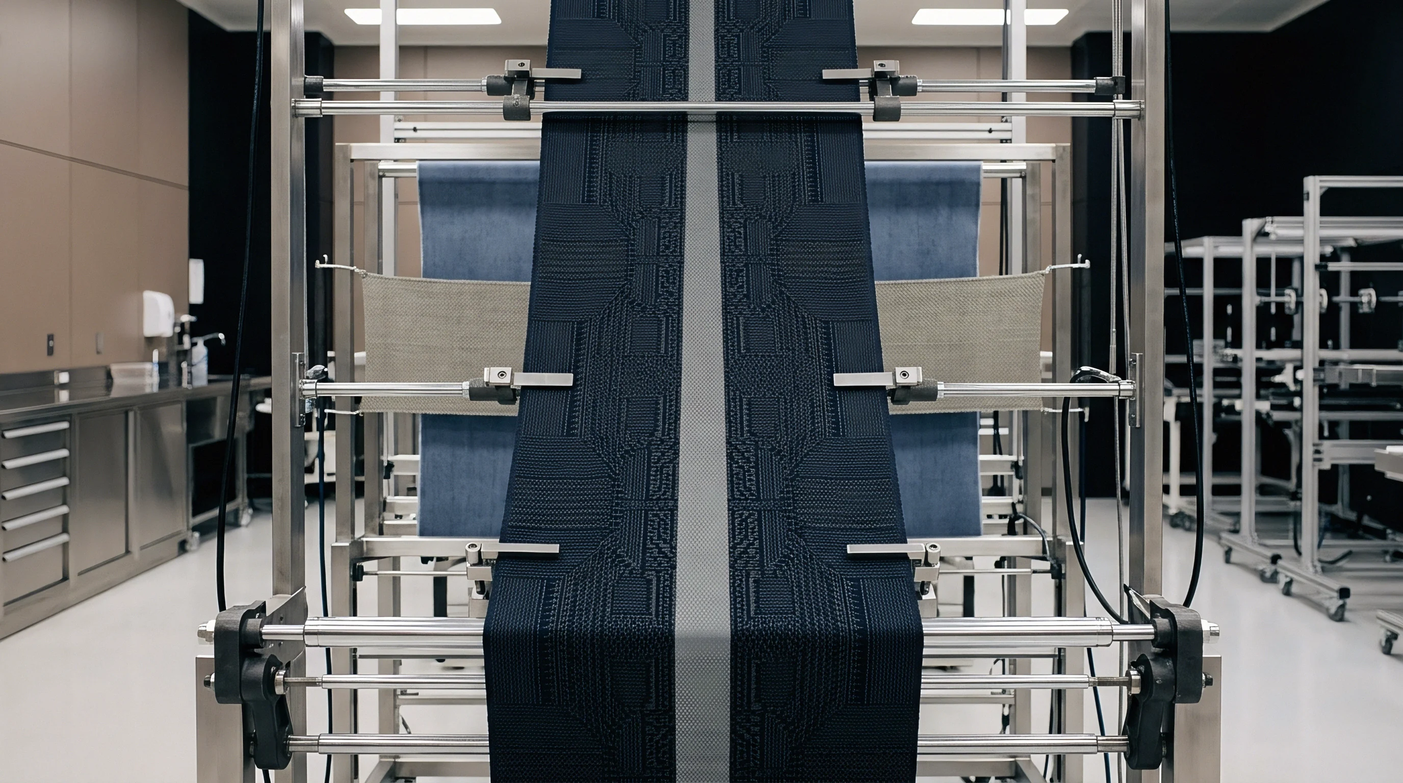 Heavy industrial jacquard fabric passes vertically through metal tension bars and rollers inside a modern textile manufacturing laboratory.