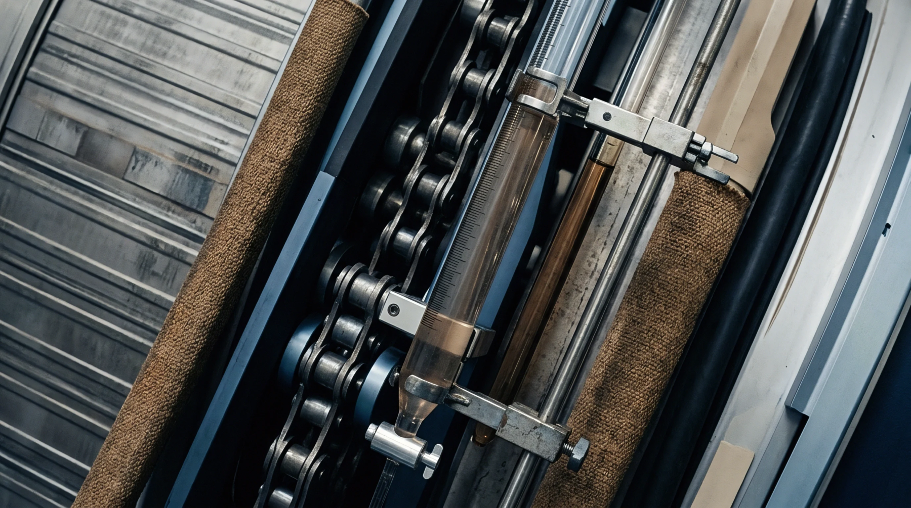 Steel drive chains, fabric covered rollers, and a vertical fluid sight glass facilitate precise monitoring and movement within this complex industrial textile processing equipment.