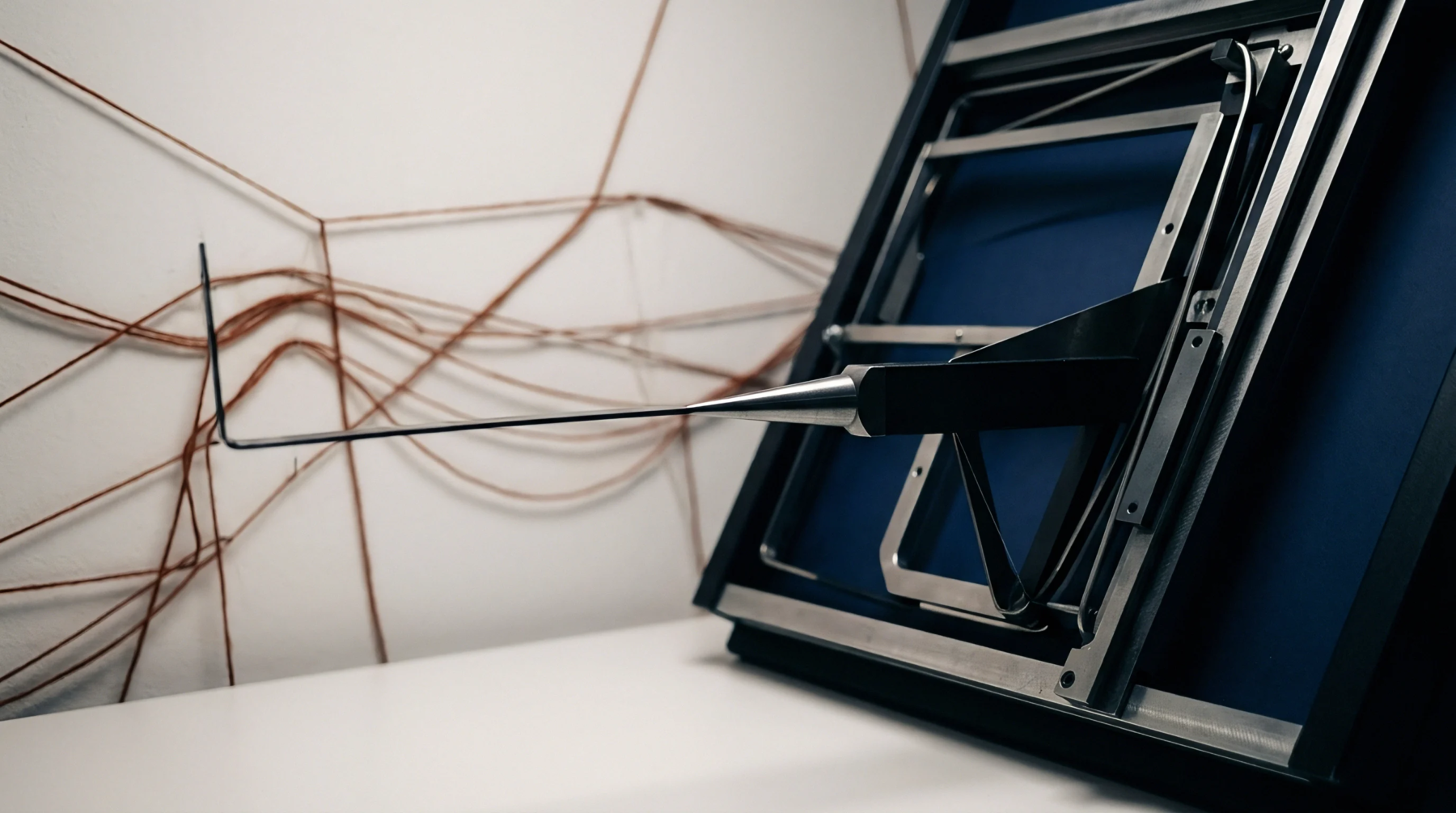 A precision metal probe extends from an industrial frame toward a dense network of thin brown fibers mounted on a white wall.