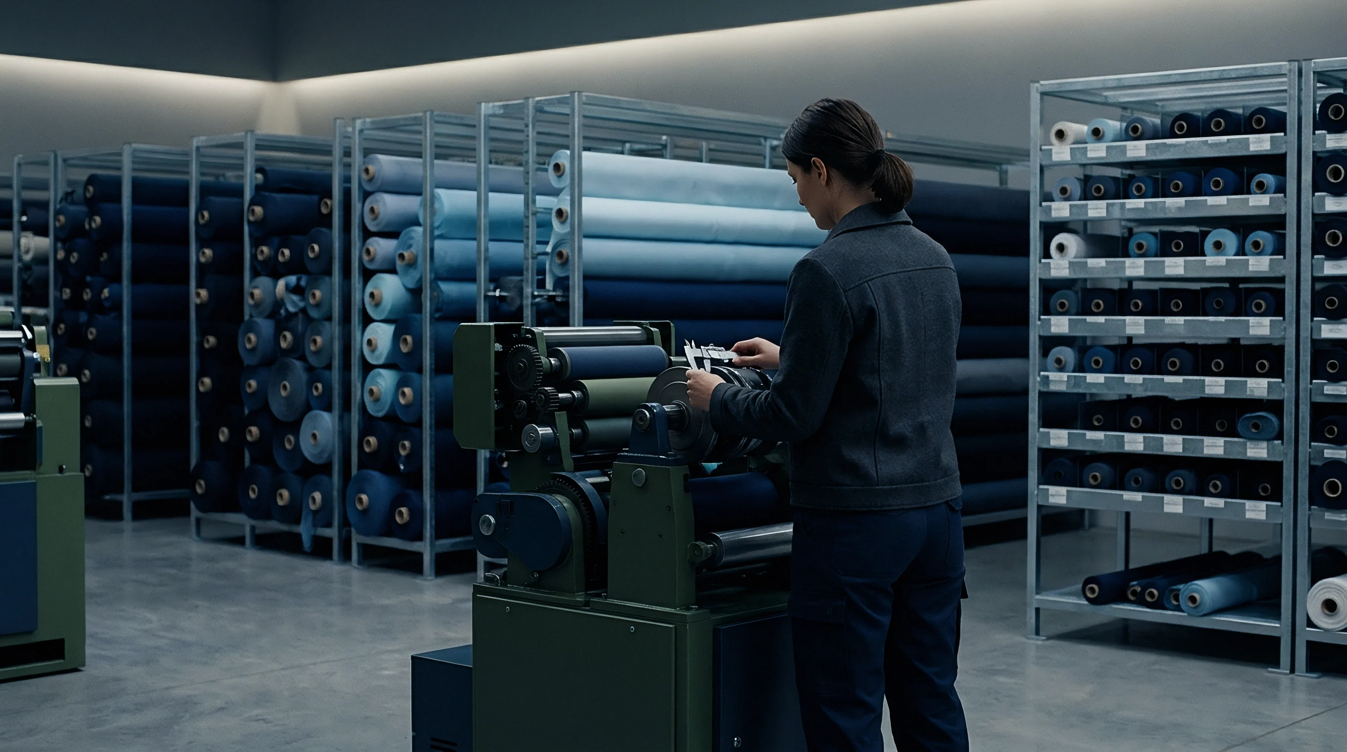 A technician uses a vernier caliper to measure machine rollers in a textile warehouse surrounded by stored rolls of blue fabric.